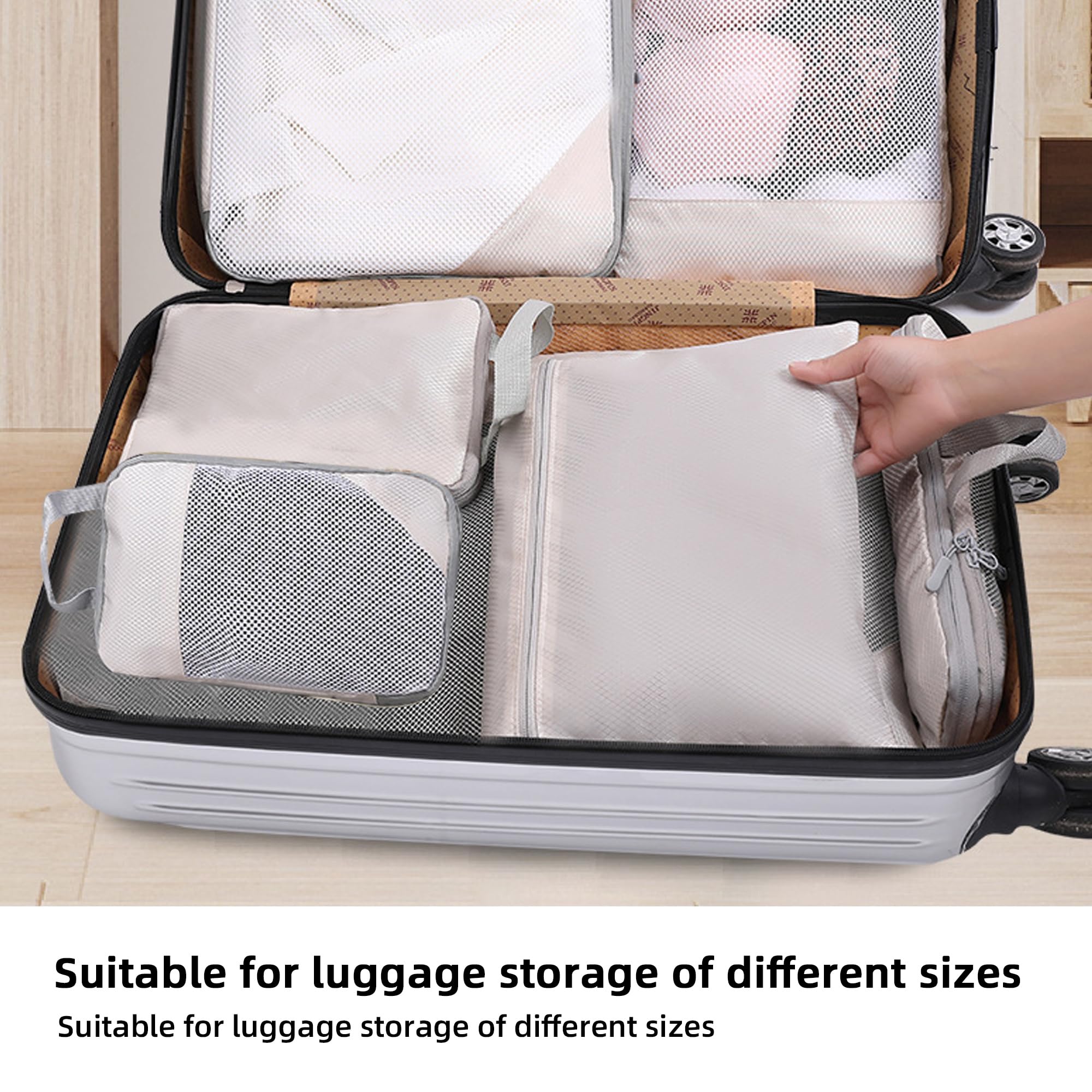 Organizer Valigia, 8 Pezzi Espandibile Packing Cubes per Zaino, Ultraleggero Organizer Viaggio per Bagagli da Trasporto (Beige)