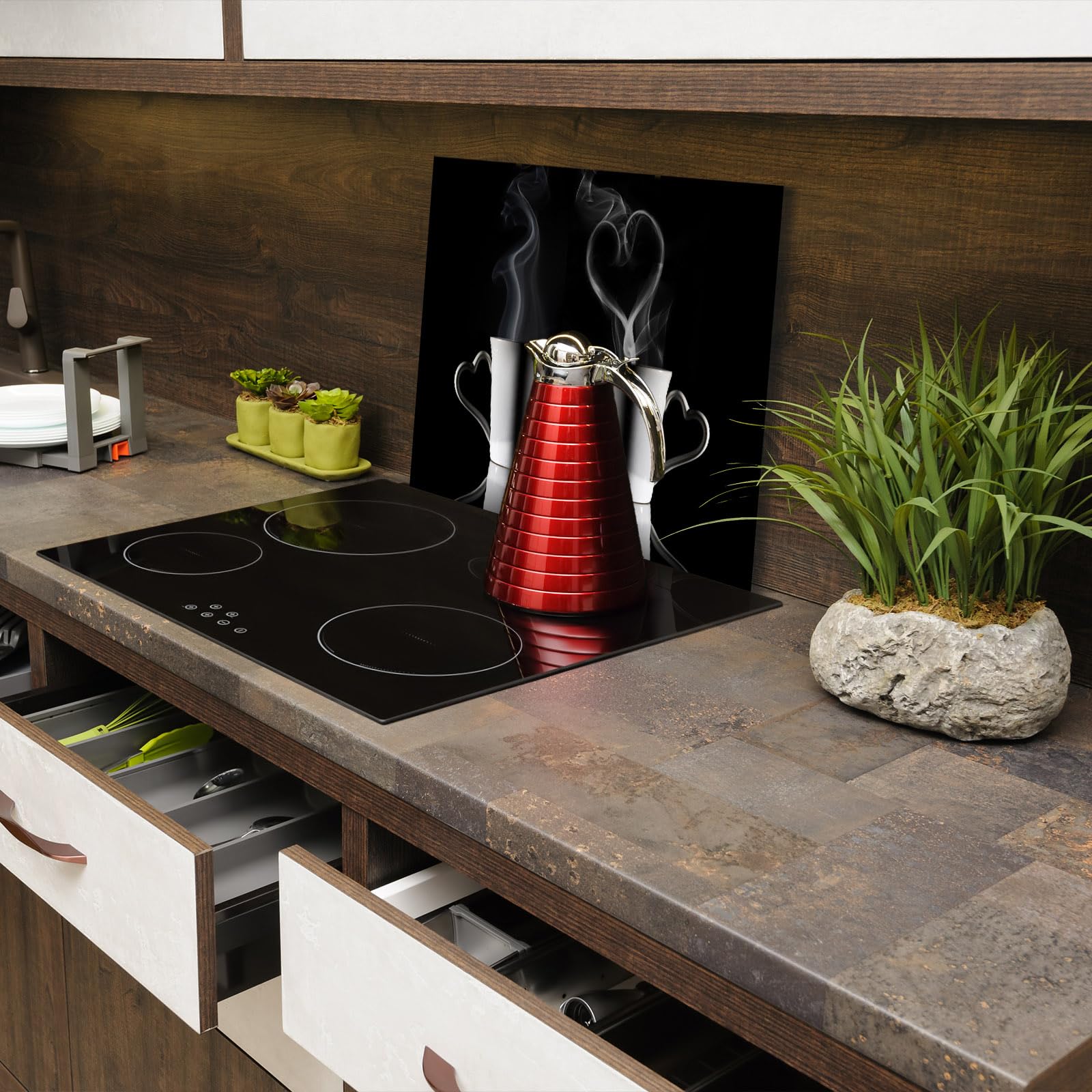 SmartDecoration Płyta ochronna na kuchenkę ze szkła 80 x 52 cm jednoczęściowa motyw "kawa" czarna (101120)