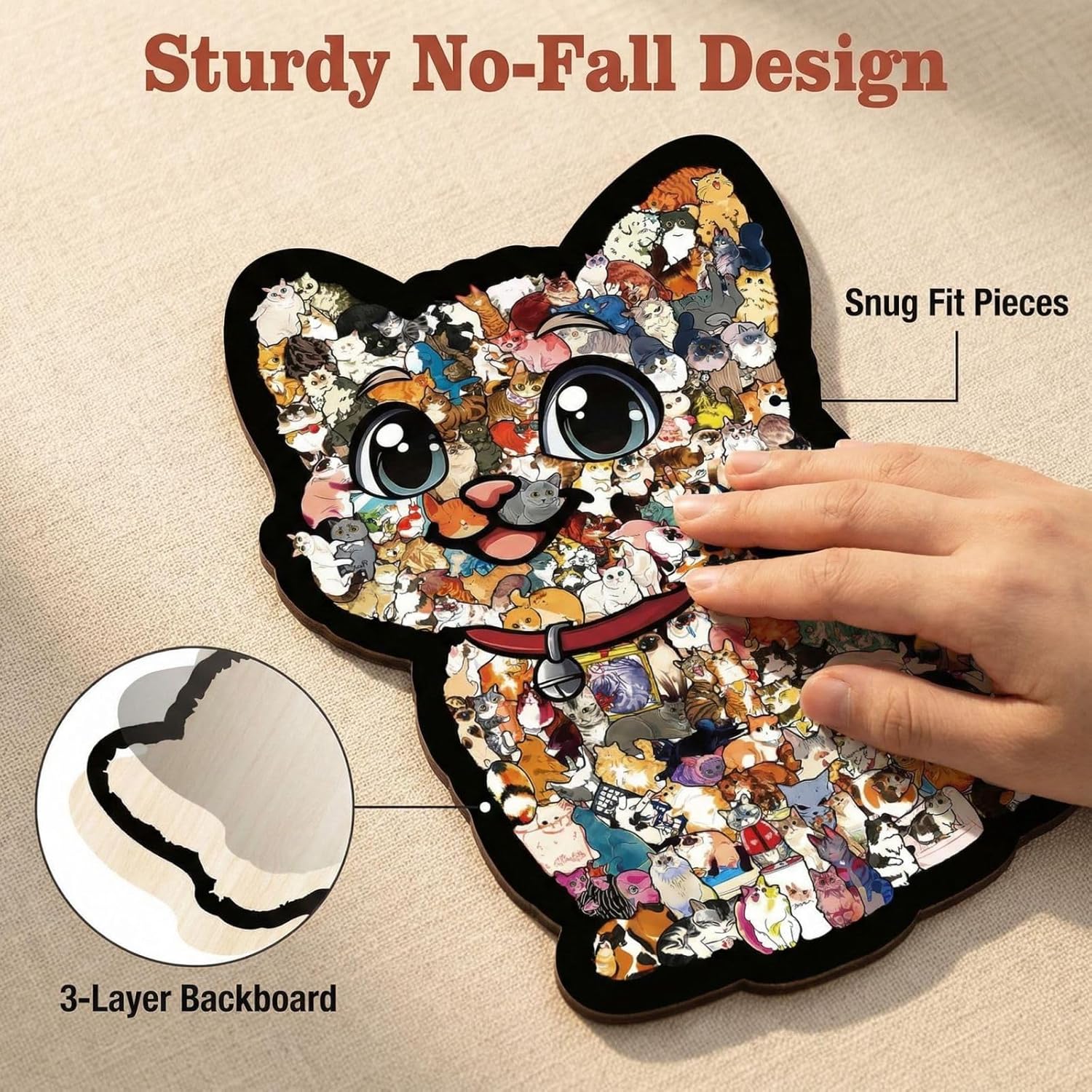 Wooden Cat Puzzle for Adults with Frame and Display Brackets, Cute Cat Shaped Jigsaw, DIY Art Home Decor, Stress Relief Puzzle, Gifts for Family&Friend (B-135 PCS)