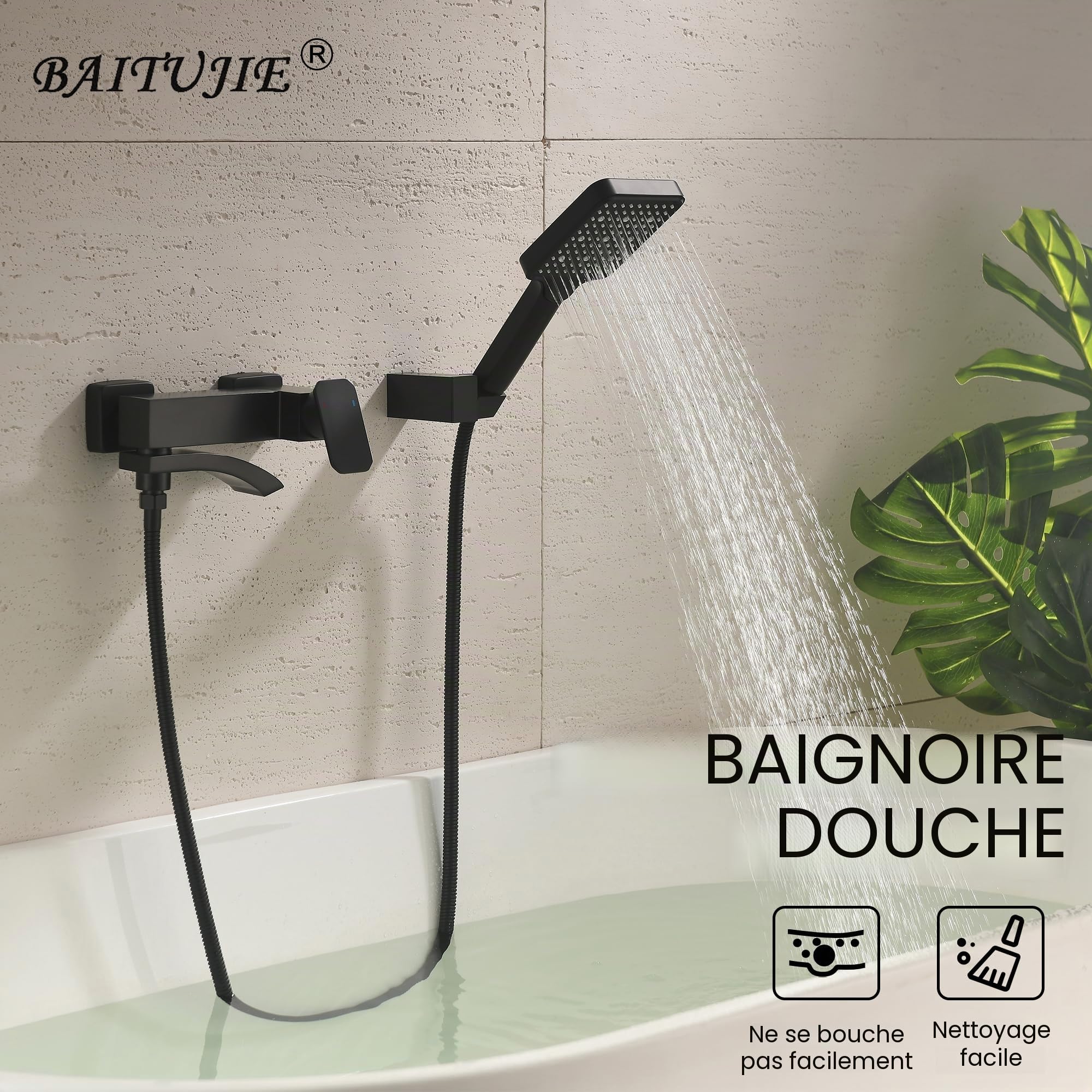 Mélangeur de baignoire avec douche en noir, robinet de baignoire noir en cascade, mélangeur de salle de bain avec interrupteur pivotant à 90°, avec douchette haute pression à 3 fonctions