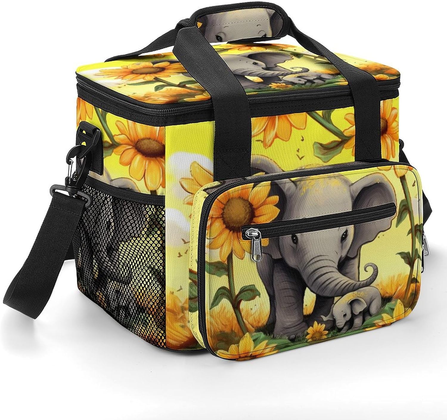 Large-Capacity Oxford Cloth Elephant Sunflowers Printed Camping Ice Bag, Outdoor Portable Insulation and Cold Storage Bag, Enjoy A Cool Camping Time