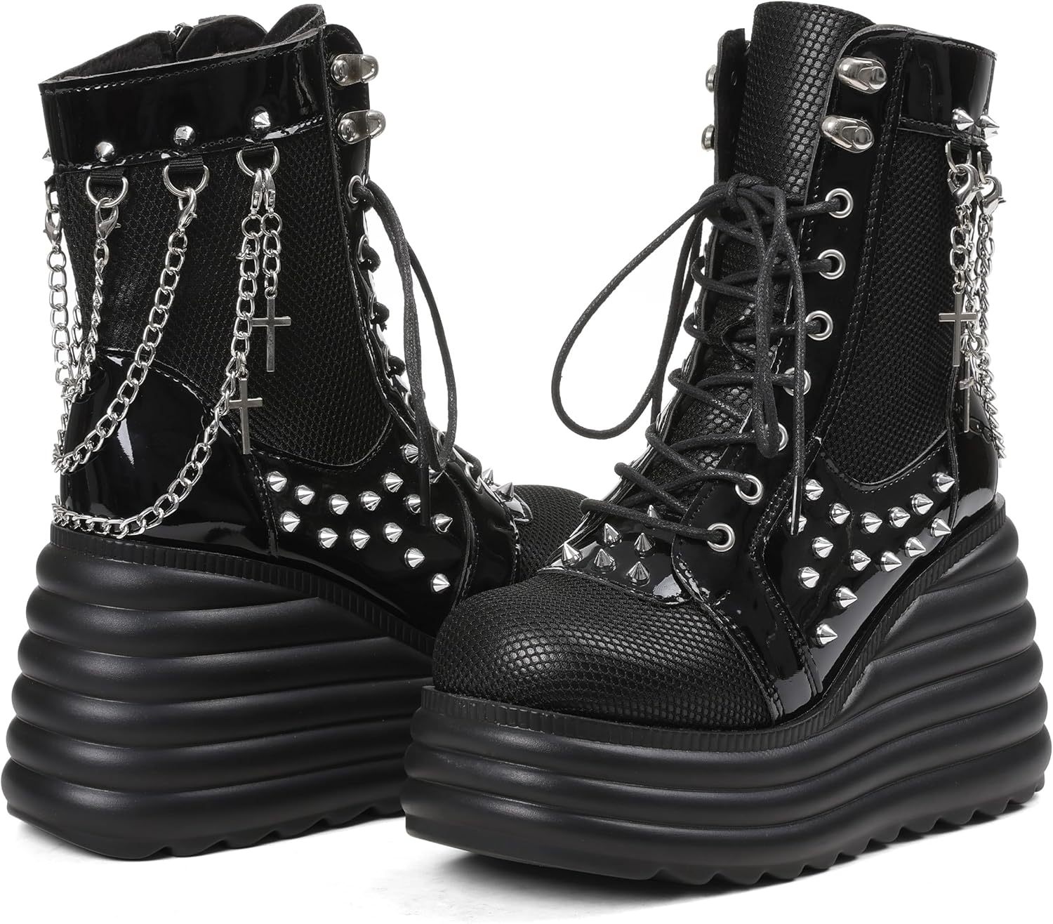 Lyrisiphy Women's Gothic Ankle Boots Black Platform Combat Boots with Punk Chains & Studs Lace Up Wedge Boots for Womens Rave Festivals Halloween - Image 4