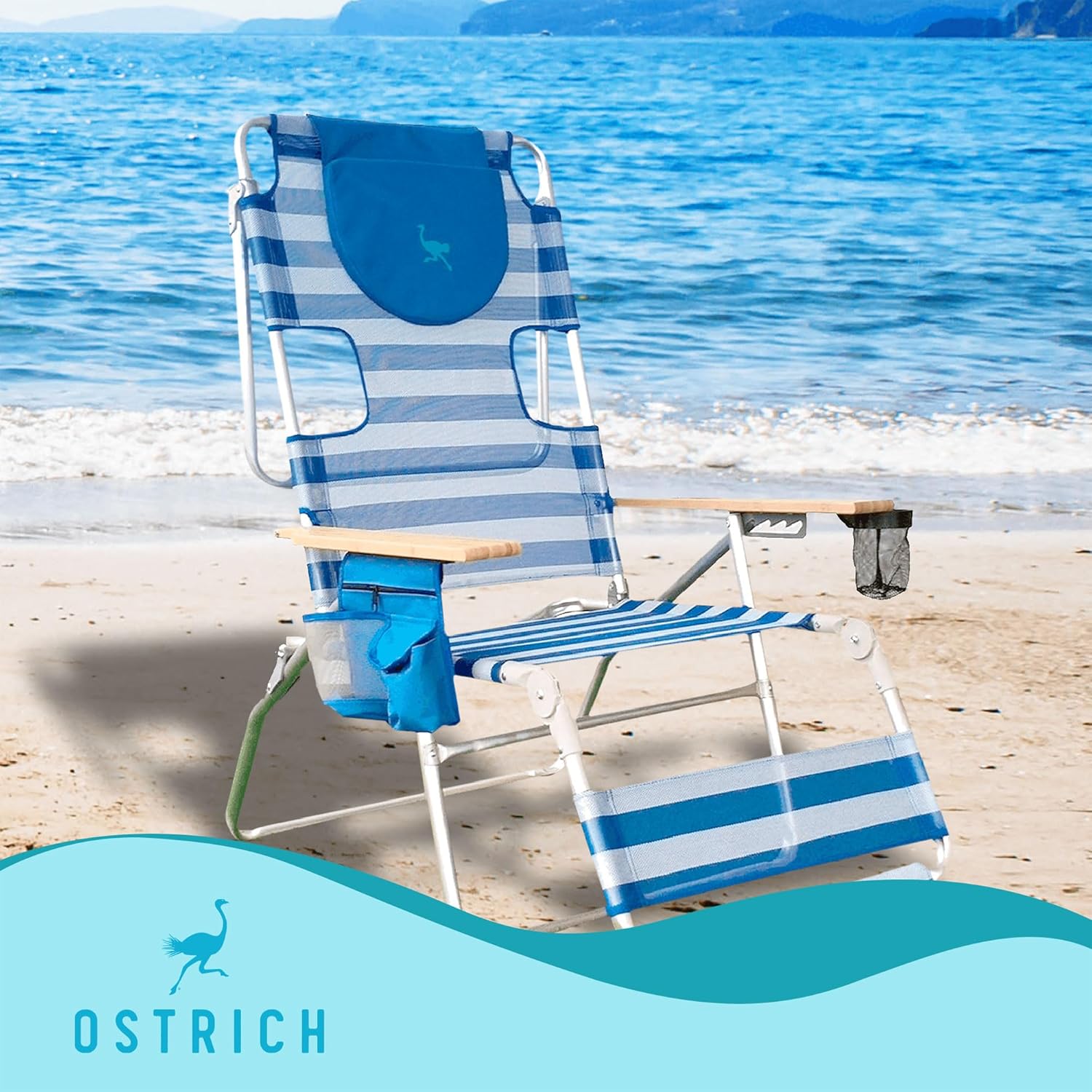 Ostrich Altitude 3N1 Lightweight Lawn Beach Reclining Lounge Chair w/Footrest, Outdoor Furniture for Patio, Balcony, Backyard, or Porch, Blue Stripe