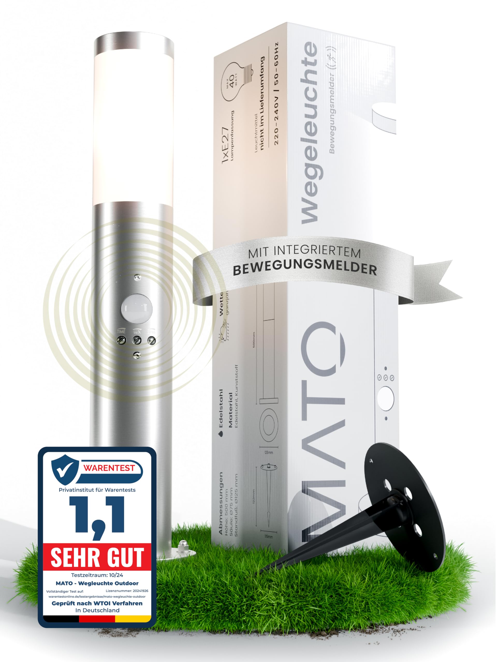 MATO Wegeleuchte mit Bewegungsmelder - inkl. Erdspieß, E27 Fassung, Höhe 50 cm - Outdoor Pollerleuchte aus Edelstahl IP44 - Wegleuchten Außen, Sockelleuchte, Standleuchte, Gehwegleuchten Außen