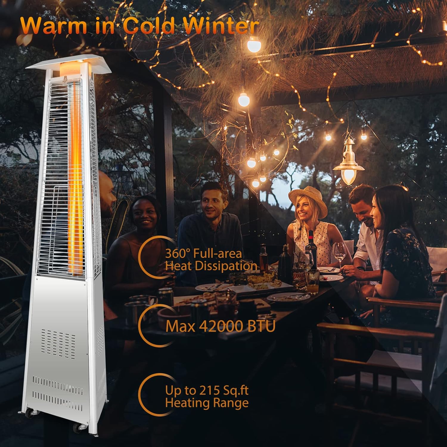 Tangkula Patio Propane Heater, 42,000 BTU Pyramid Outdoor Heater with Tip-Over and Flameout Protection, Quartz Glass Tube, Wheels