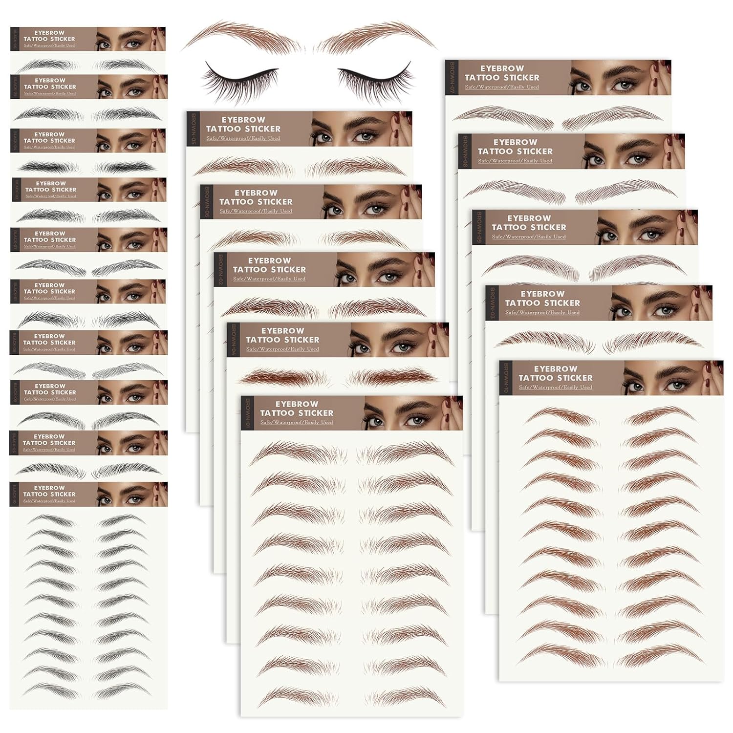 20 Sheets Eyebrow Tattoo Waterproof Eyebrow Sticker, 4D Hair Like Natural Fake Tattoo Eyebrows Peel Off Instant Transfers Brows Shaper Eyebrow Makeup Sticker for Women Girls, Variety Black/Brown