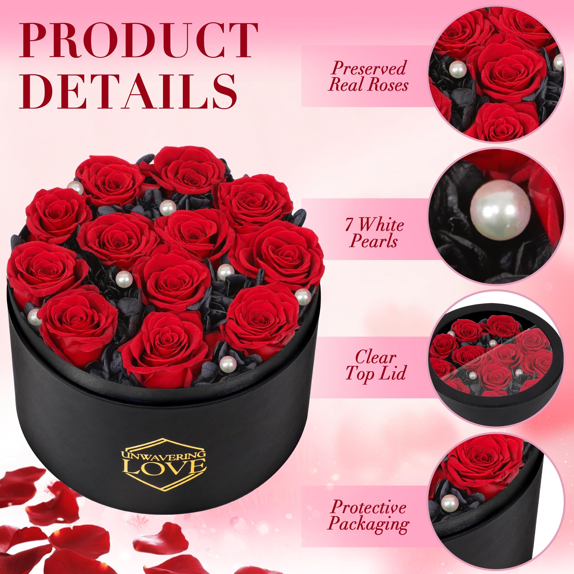 POMINEL Valentines Day Gift for Her Red 12Pcs Eternal Preserved Roses Flowers Pearl in a Box Anniversary Birthday Gifts for Mom Women