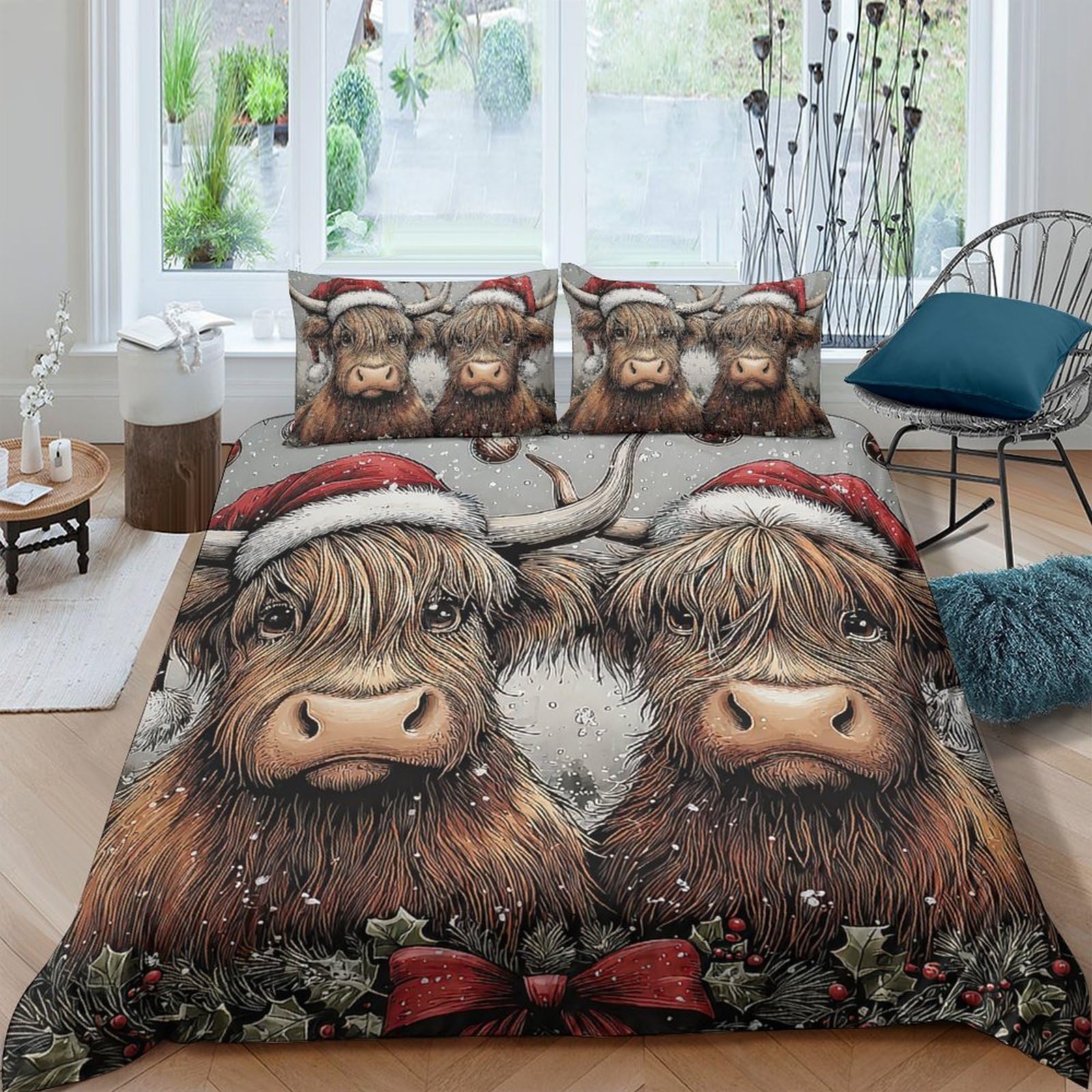 Ctjqhvkz Style-1 3D Printed Highland Cow Christmas Fitted Sheet Microfiber Soft Bed Cover For Bedroom Decor Protection Single（135X200cm）