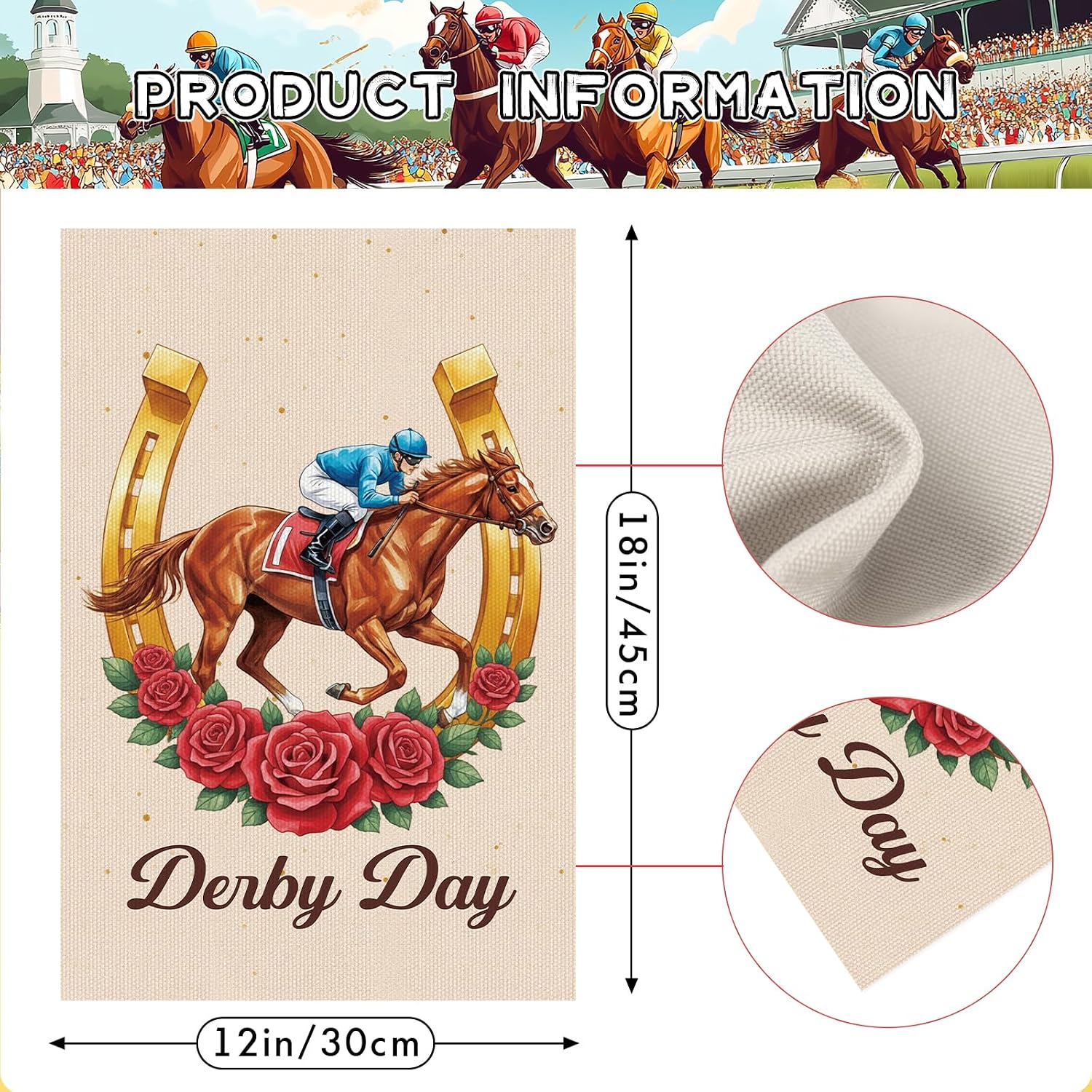 Kentucky Horse Flag Decorations, Red Rose Garden Duble Sided Yard Flags for Outdoor Decorations, Horseshoe Rings Horse Racing Funny Party Banner for Home Lawn Decor