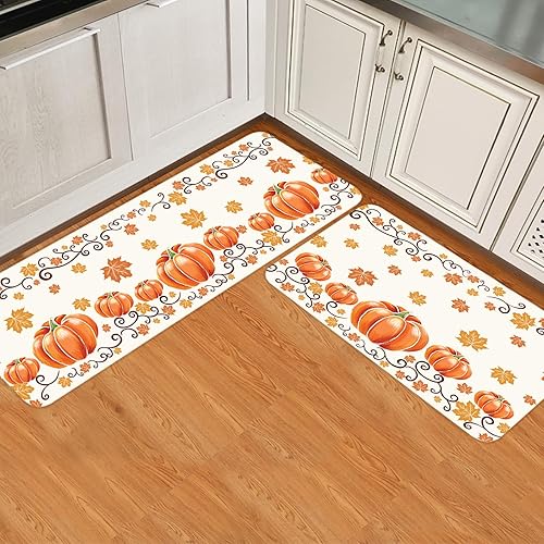 Alfombras de cocina de Acción de Gracias, 2 piezas de hojas de arce y calabaza naranja, antideslizantes, para piso, alfombra de pasillo lavable para