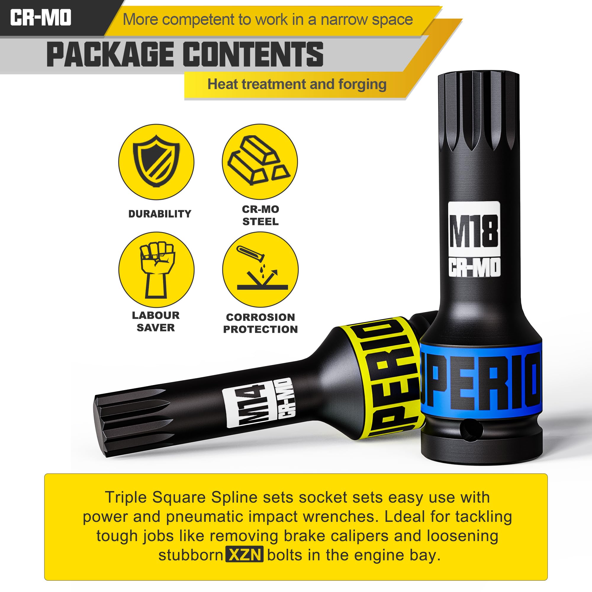 Set Di 10 Chiavi A Bussola Impact XZN Da 1/2'' - Per Riparazioni Auto, Bici E Fai Da Te | M5-M18