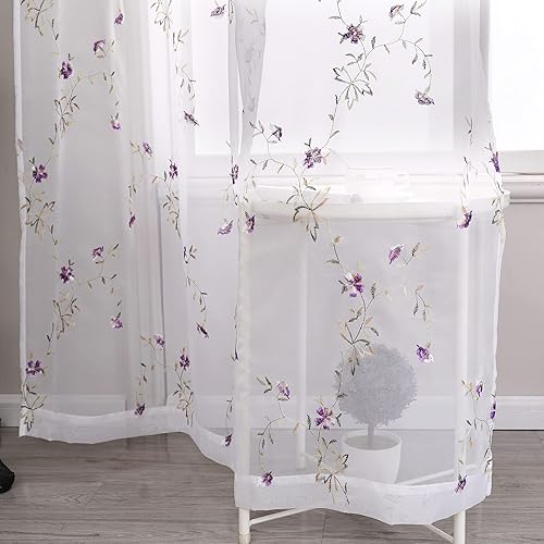 Miniatura 5 de Taisier Home Cortinas traslúcidas bordadas florales para habitación de niñas, paneles de cortina de gasa retro para dormitorio, bolsillo para barra,