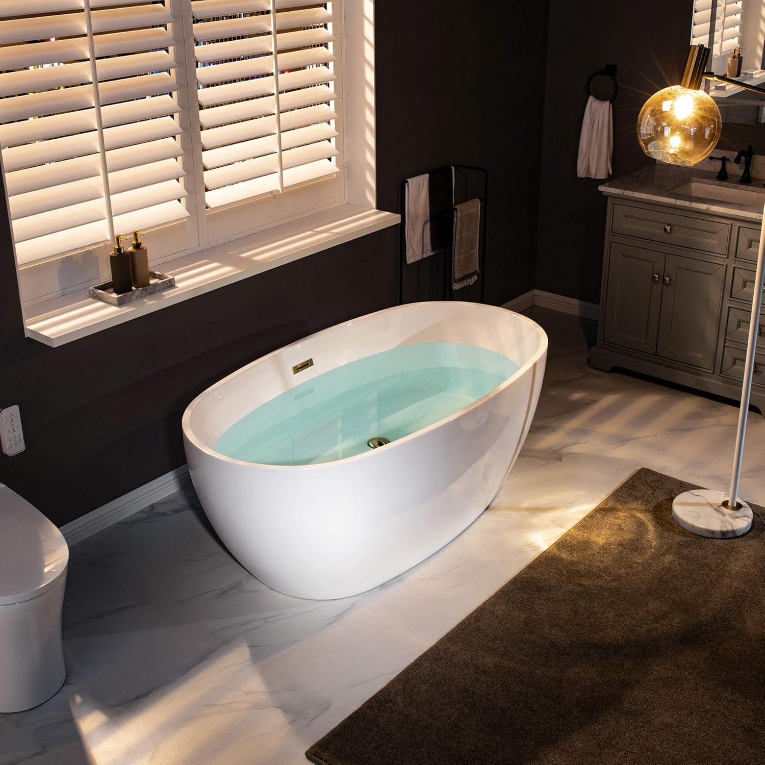WOODBRIDGE 59" Acrylic Freestanding Bathtub Contemporary Soaking White Tub with Brushed Gold Overflow and Drain，BTA1518 -BG-Drain &O