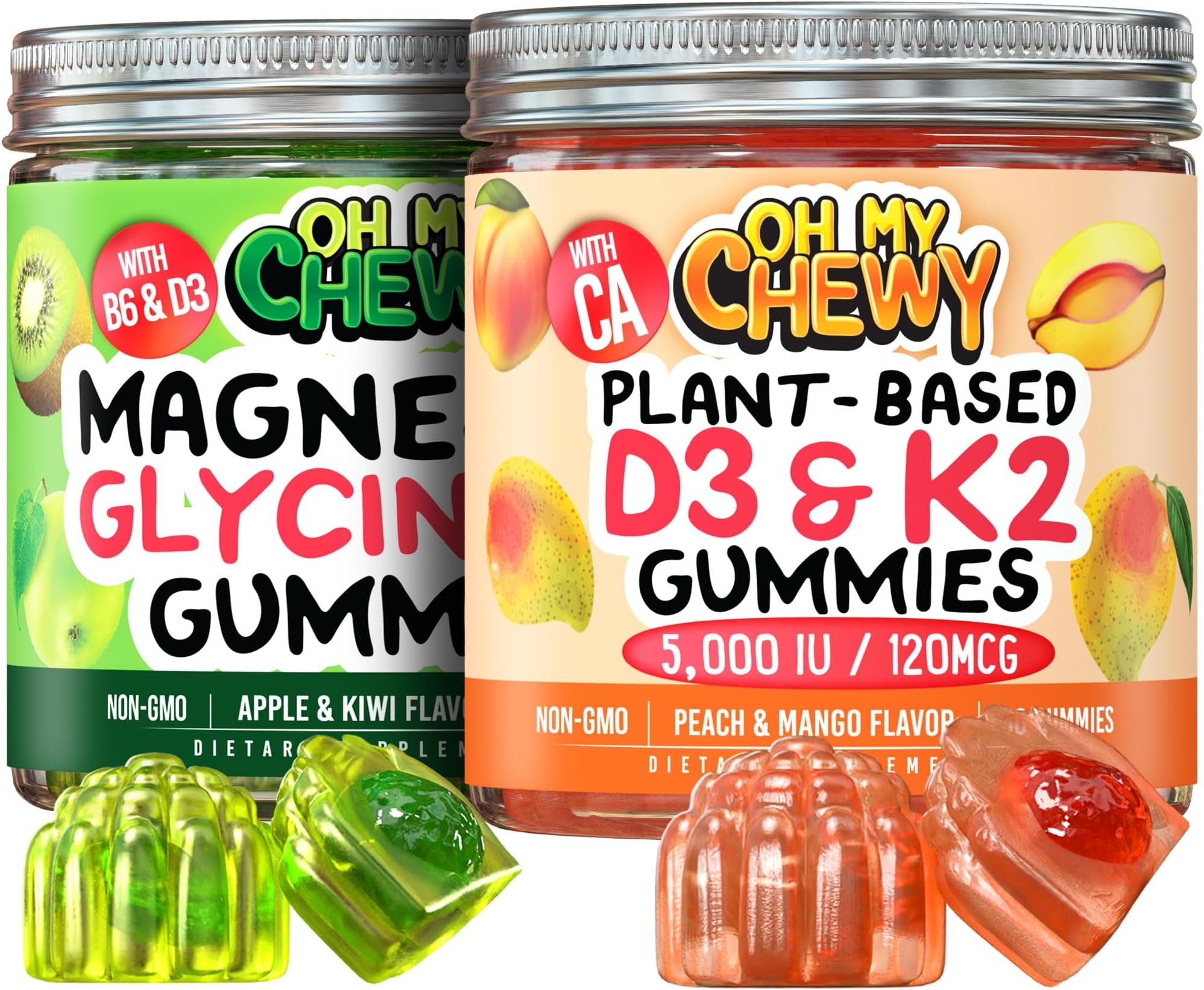 OH MY CHEWY Magnesium + D3K2 Gummies Bundle – 2 Bottles (60 Each) – Apple Kiwi & Peach Mango