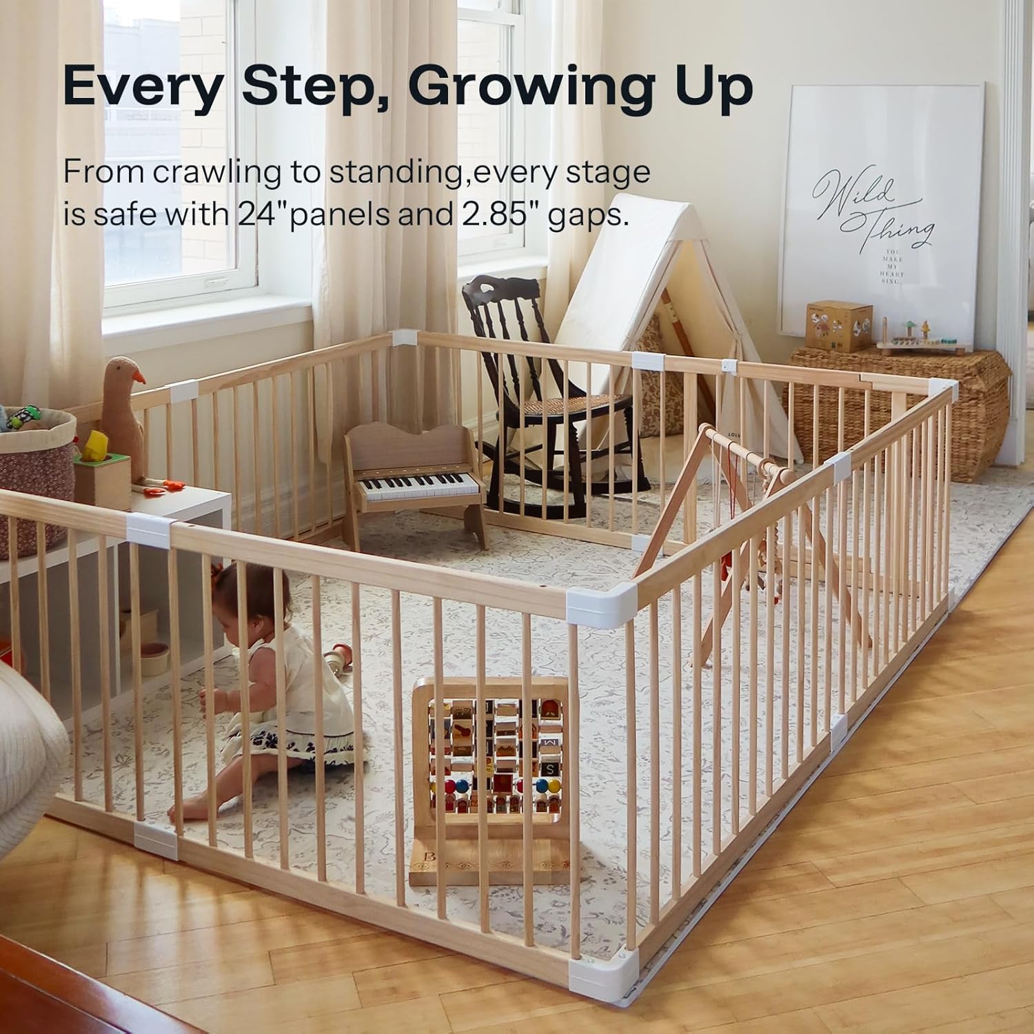 HARPPA Baby Gate Playpen Wooden Playpen for Babies and Toddlers Large Play Yards Baby Fence Play Area 60 x 71.5 x 24 inch