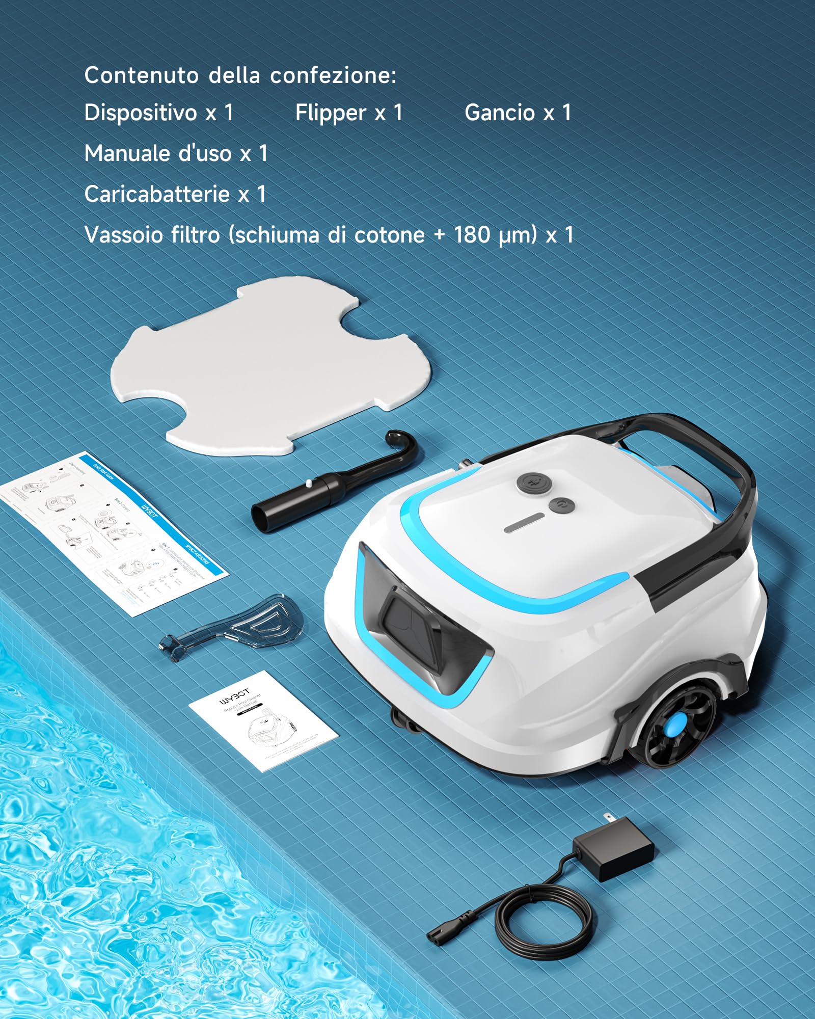 WYBOT A1 Robot Piscina Fuori Terra Intelligente, 130 Minuti Autonomia, Sistema Doppia Turbina, 110㎡ per Famiglie, Esperto Pulizia Fondo Piscina,Blu Ghiaccio