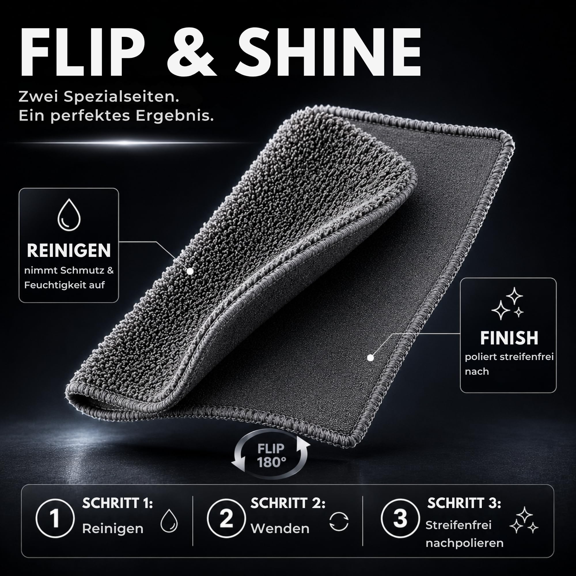 2er Set Premium-Mikrofasertücher Graphitgrau, Flip & Shine | 2 Profi-Tücher 30x30 cm mit Hochflor- & Polierseite | Ideal für Matte & hochglänzende Küchenoberflächen