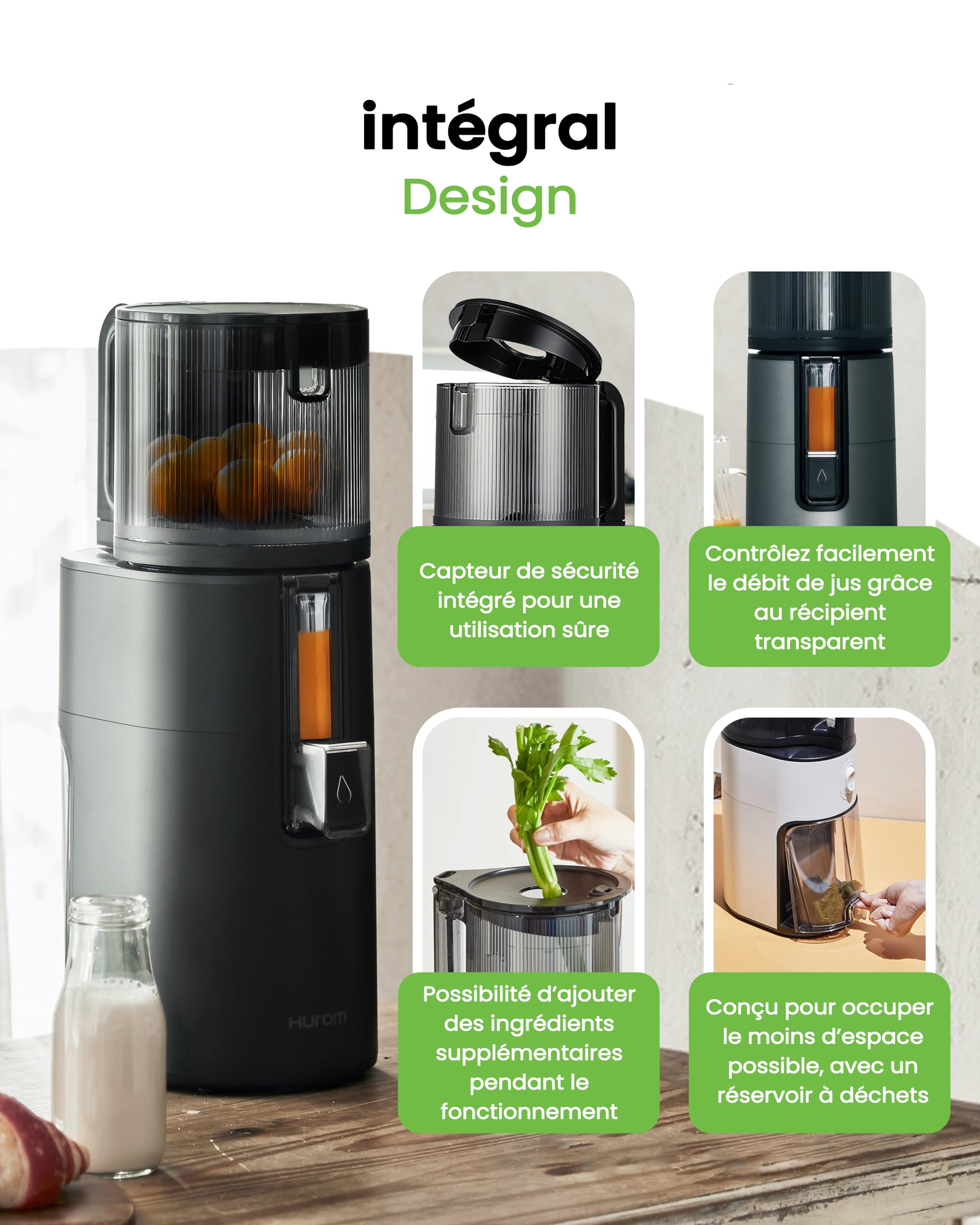 Hurom Extracteur de Jus Fruits et Légumes H400 | Centrifugeuse Extracteur de Jus Silencieux et Facile à Nettoyer | Sans BPA | Hopper 2L, Chamber 550ml