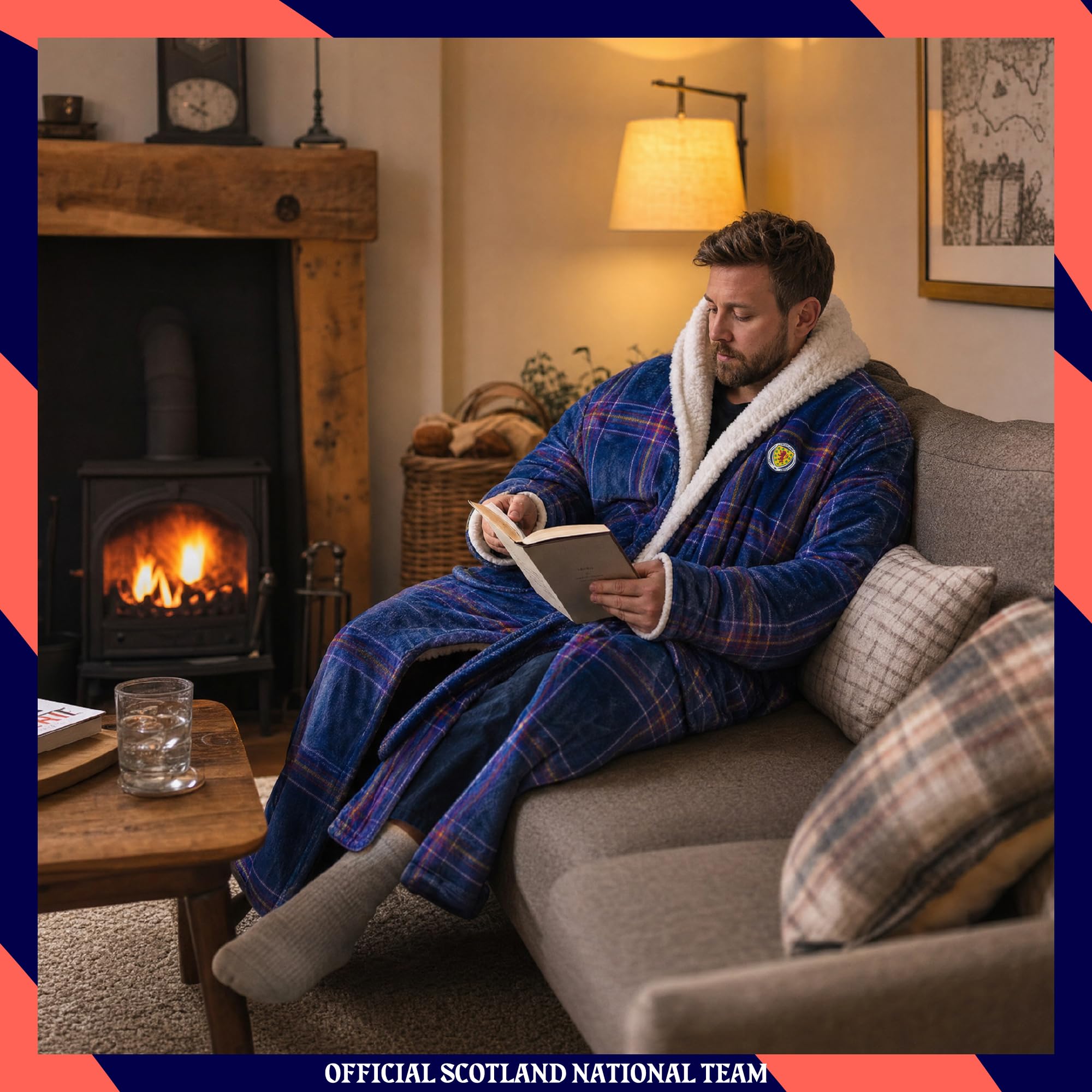Accappatoio ufficiale della squadra nazionale scozzese da uomo – comodo accappatoio in pile Sherpa blu tartan con cappuccio per i fan dell'esercito tartan