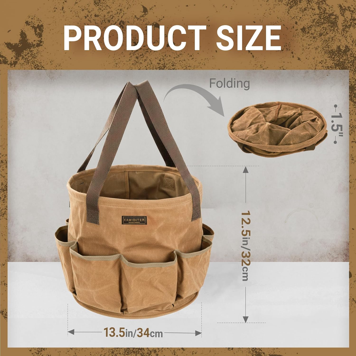 Large Capacity Collapsible 8-Gal (30L) Tool Bag with Handles, Round Gusset Organizer for Car Trunk Storage, 13.5" D x 12.5" H | Khaki