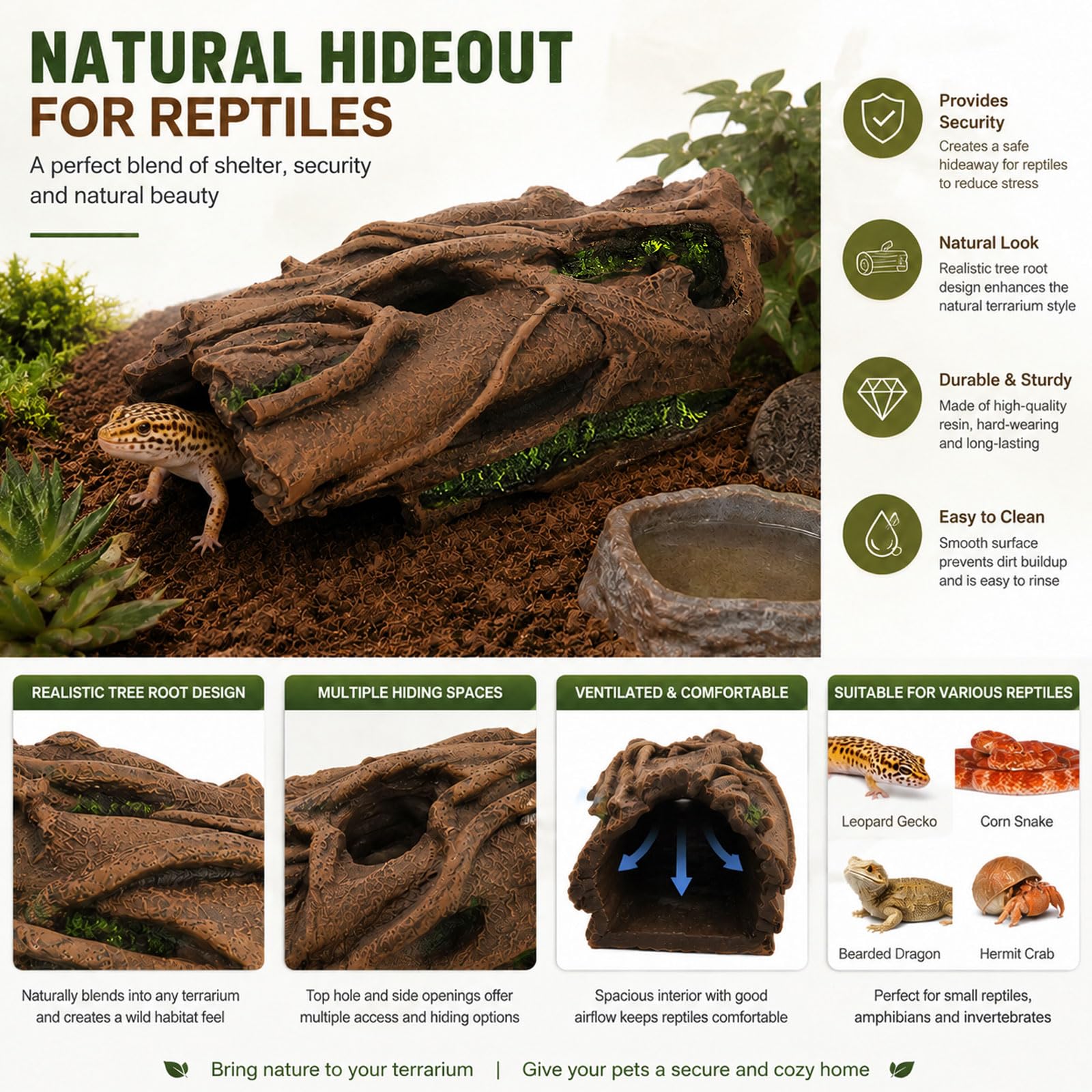 YLME Nascondiglio per rettili Caverna in Resina per rettili Nascondiglio | Decorazione naturale per terrario con texture realistica di albero per gechi, serpenti, lucertole, tartarughe e anfibi