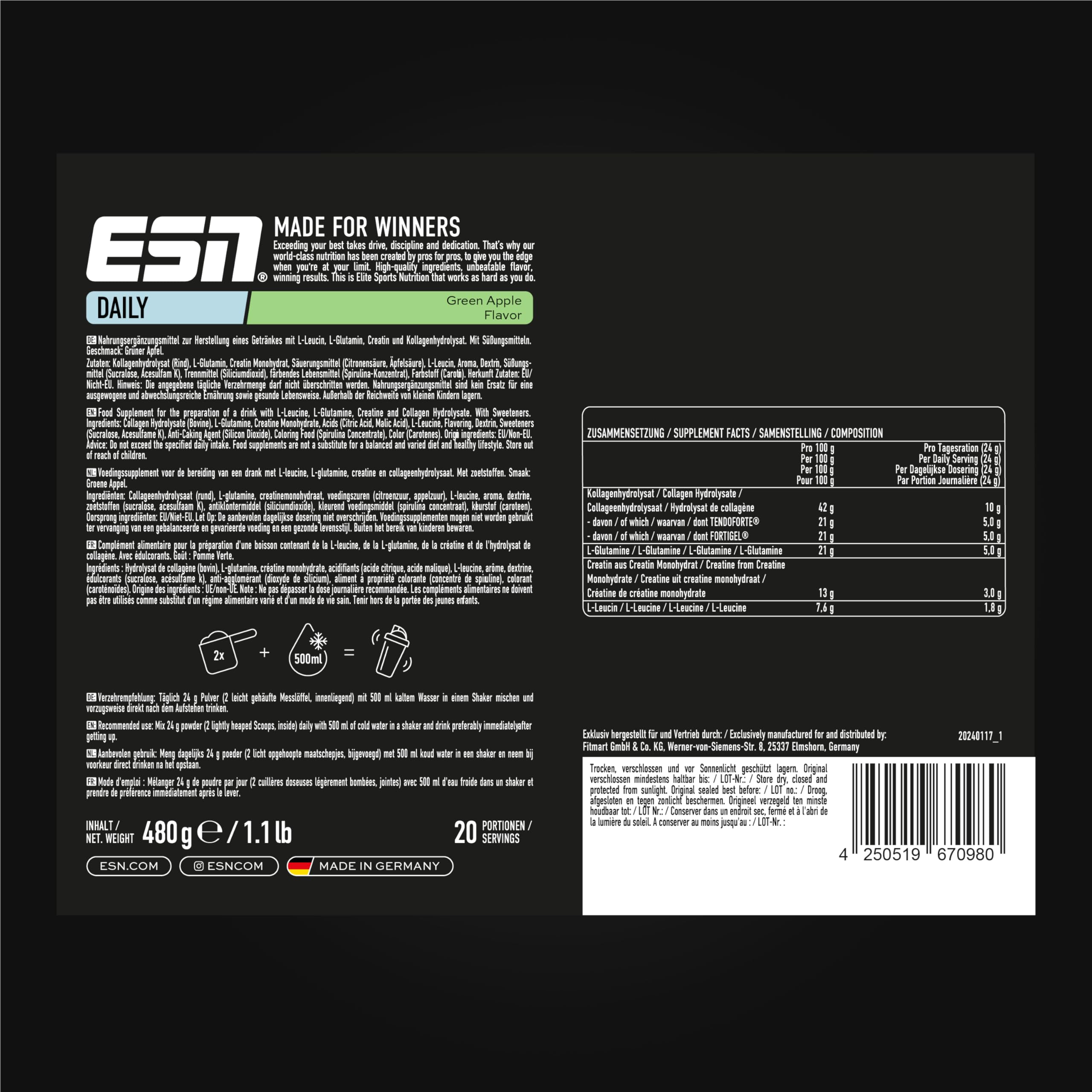 ESN Daily, Green Apple, 480 g, mit Glutamin, Creatin, Collagen & L-Leucin - made in Germany