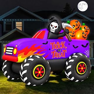 SEASONBLOW 9 FT Long Halloween Inflatables Monster Truck Outdoor Decorations, Light Up Blow Up Grim Reaper with Pumpkins on Truck Car for Halloween Party Indoor Outdoor Garden Yard Decor