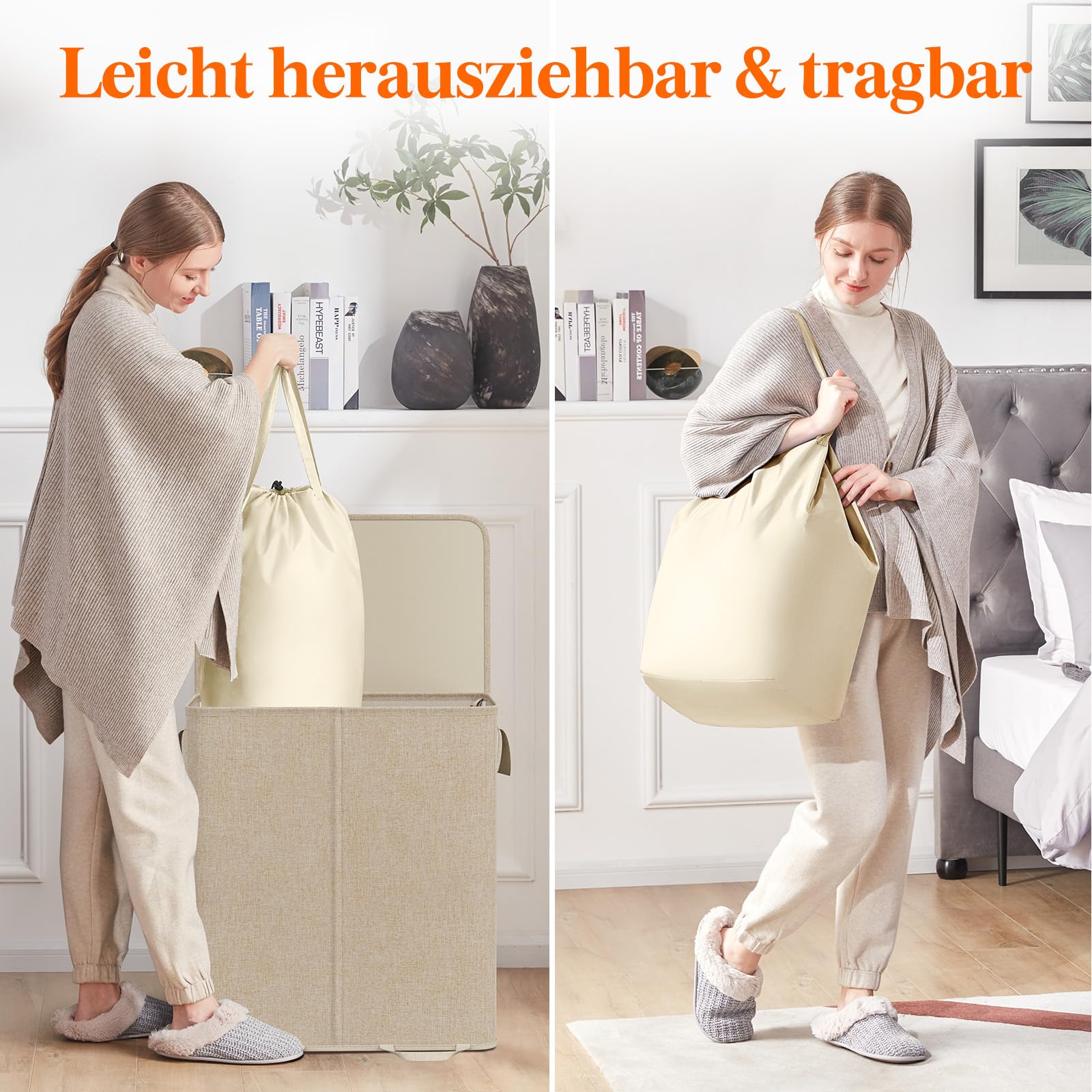 Lifewit 155L Wäschekorb mit Deckel und 2 Fächern, Beige