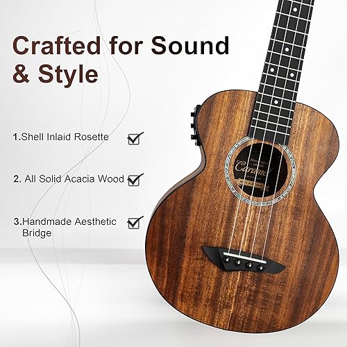 Miniatura 2 de Caramel Ukulele Eléctrico Tenor CT204 de Madera de Acacia Totalmente Maciza de 26 Pulgadas, Kit Profesional de Ukulele para Principiantes, Paquete