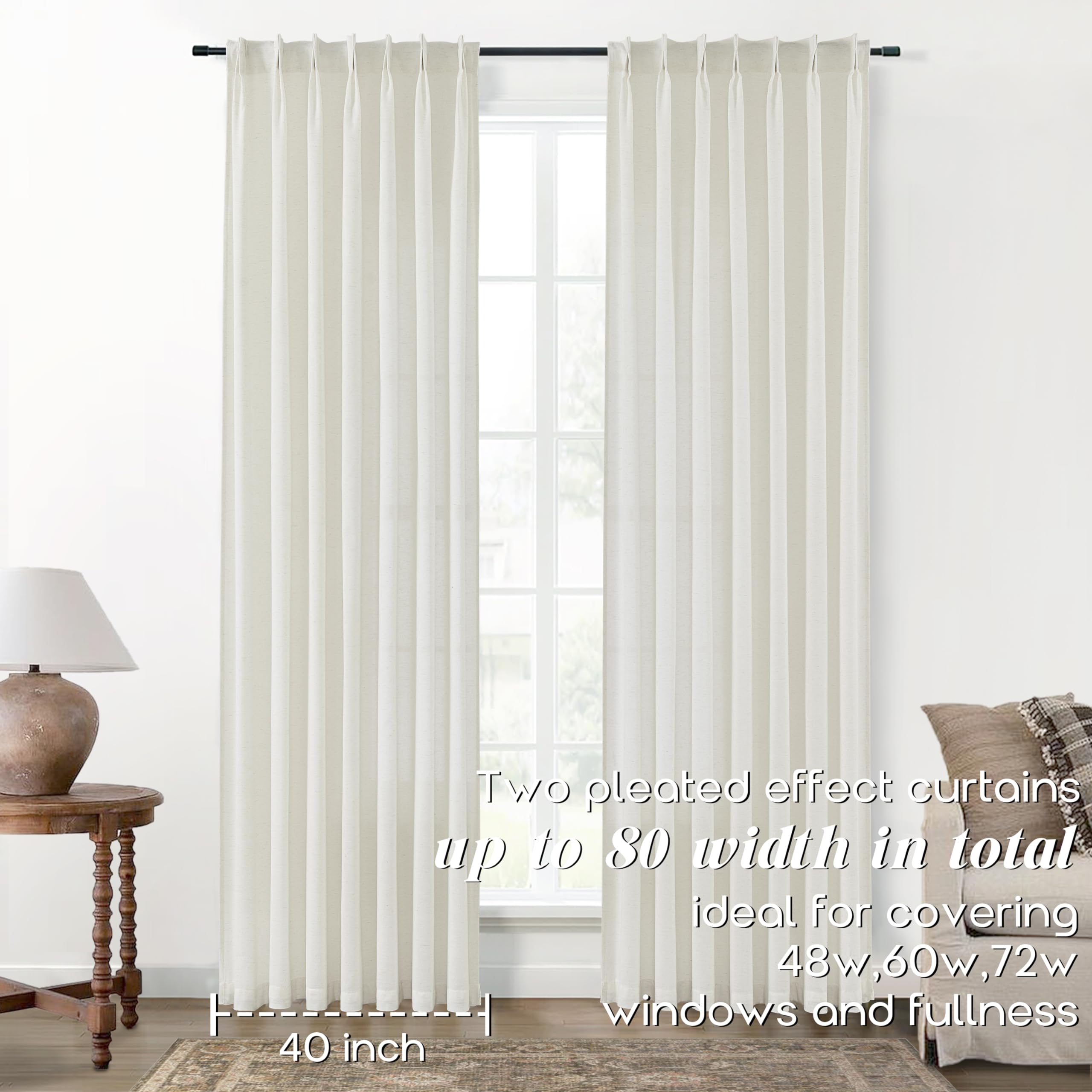 SHINELAND Long Curtains 108 Inches Set of 2 Panels Set Linen Pinched Pleated Back Tab Semi Sheer Double Pinch Pleat Curtains for Extra Large Wide Living Room Window Traverse Rod,9 FT Length 80x108