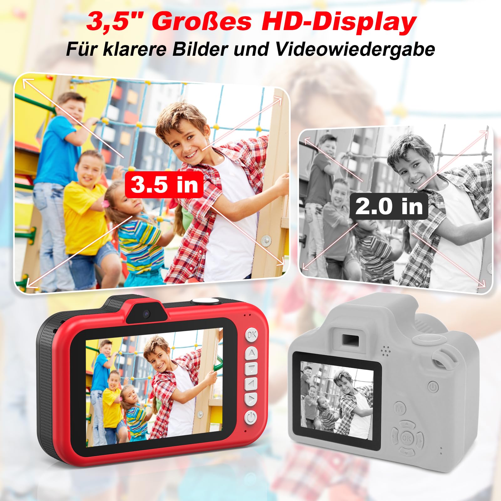 Kinderkamera | 3,5 Zoll großer Bildschirm | 360° drehbares Zoomobjektiv | 1080P HD Kamera für Kinder mit Selfie | LED-Blitz | SD-Karte 32G | Geschenk für Mädchen und Jungen 3 4 5 6 7 8 9 10 11 12