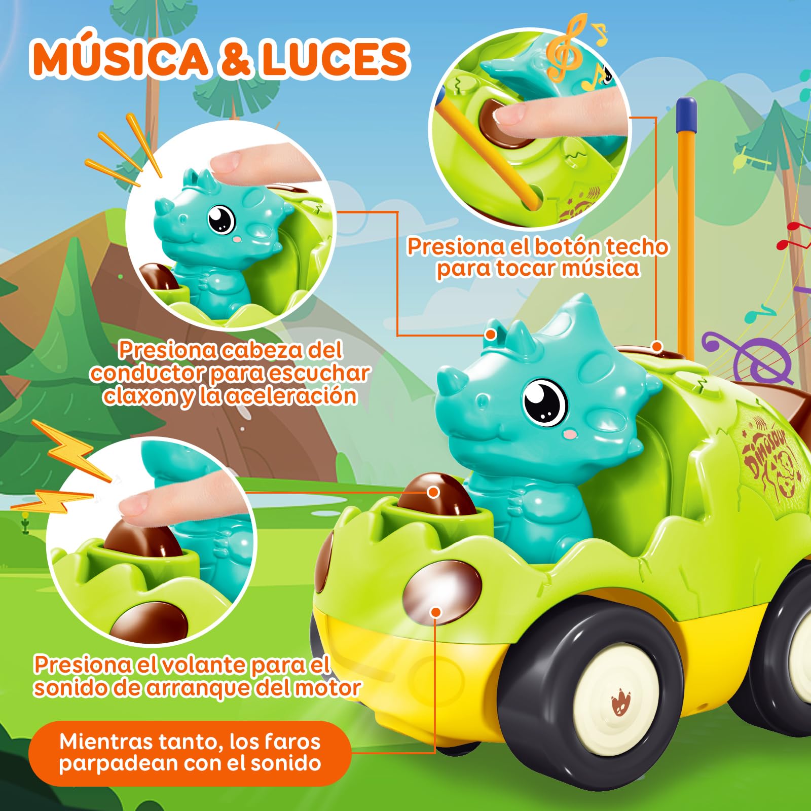 Pup Go Coche de Dinosaurio RC Cartoon para Niños Pequeños 18 Meses+ con Música y 2 Muñecas Intercambiables, Primer Coche de Control Remoto para Niños y Niñas, Cumpleaños o Navidad