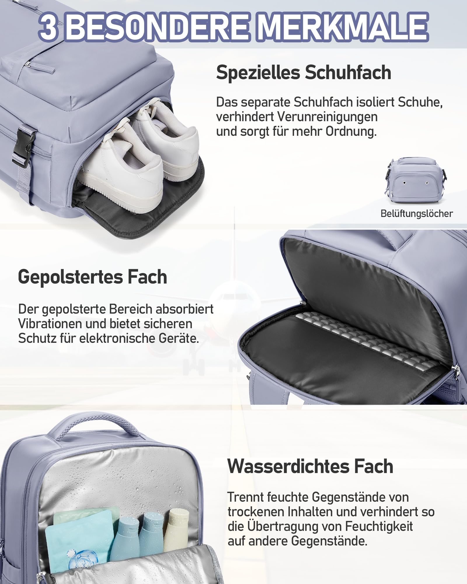 suradar Vakuum Rucksack 40x30x20 mit Integrierter Pumpeinheit, Reiserucksack Ryanair Handgepäck 40x30x20 Wizzair Vakuumrucksack mit Vakuumsystem Handgepäck Flugzeug Vacuum Backpack Lila Taro
