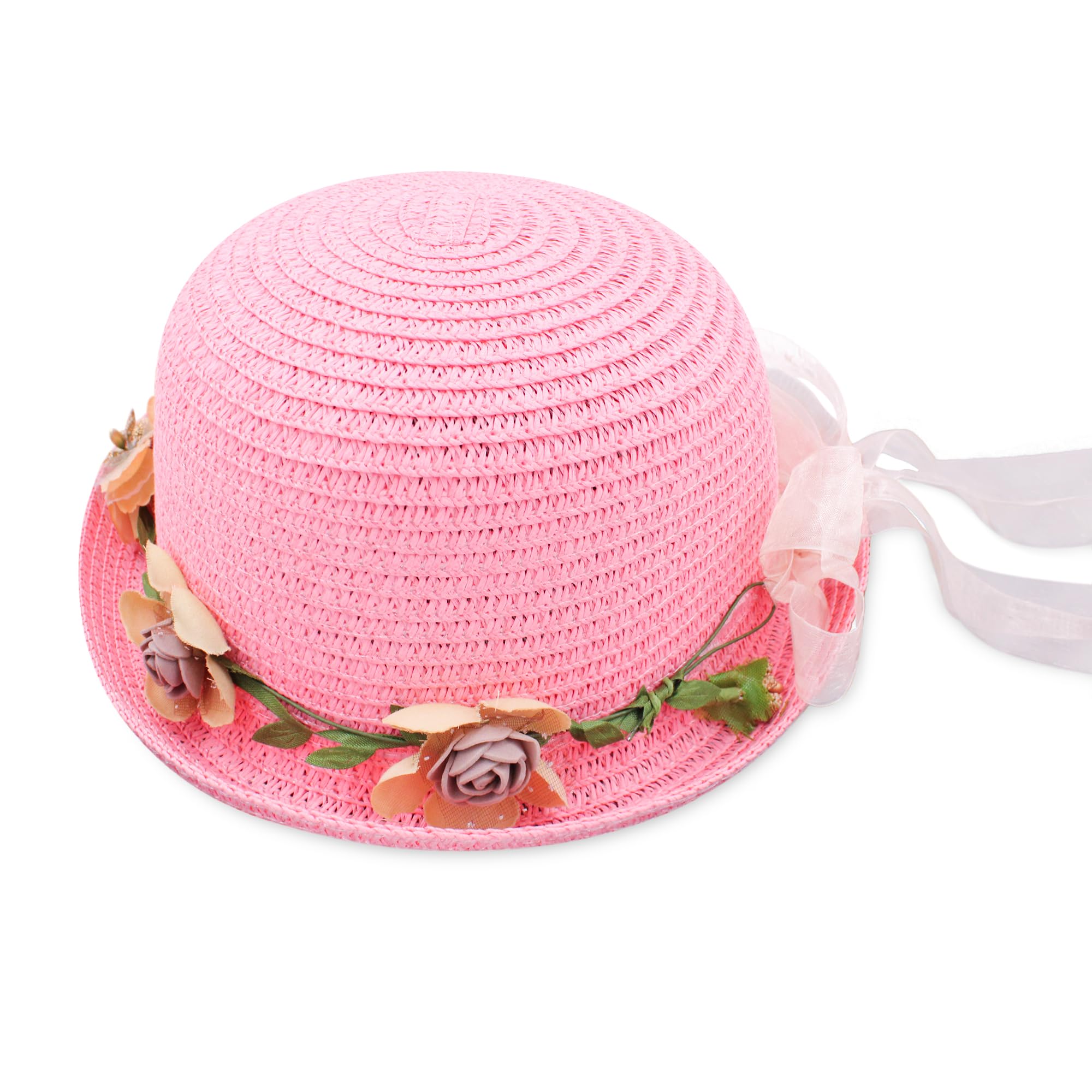 VRITRAZBreathable Rose with Leaf Design Kids Pink Hat for Boys and Girls, Summer Sun Protection, 6 to 14 Years., Pink, 4 Years-5 Years