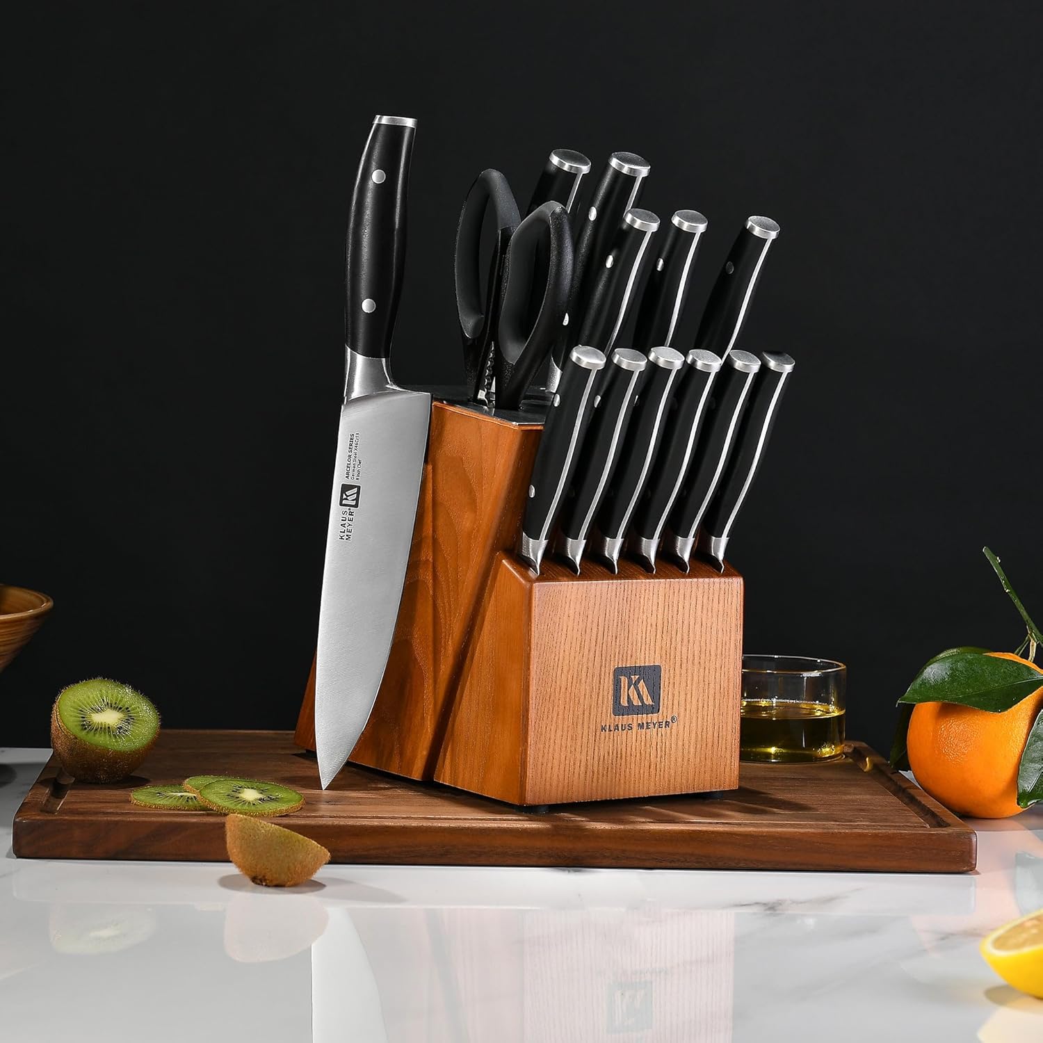 Klaus Meyer Arcelor 14 Piece Exclusive German Steel Non-Slip Handles Knife Set with Solid Wood Block …