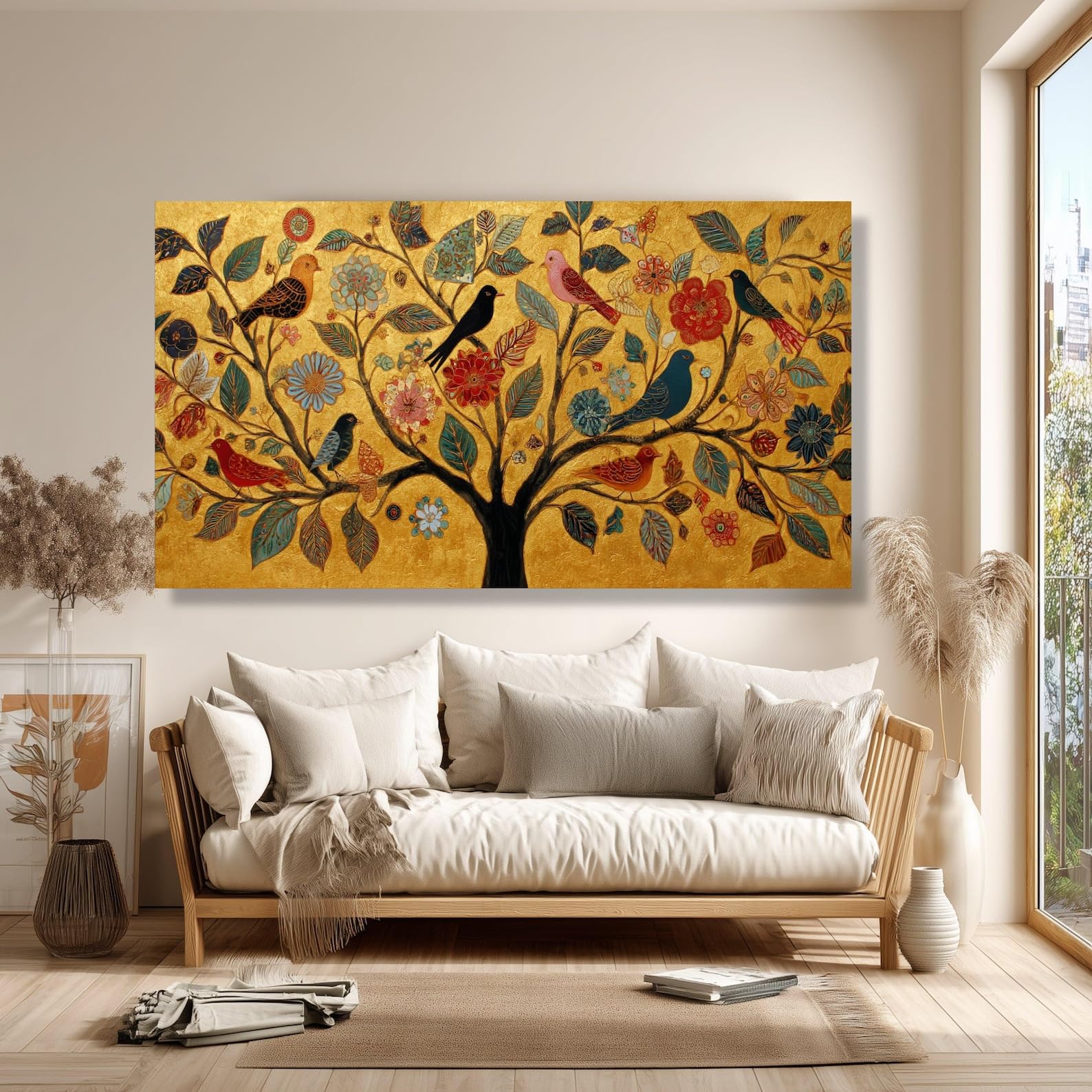 Tableau toile arbre oiseau multicolore 50x90cm avec cadre intérieur