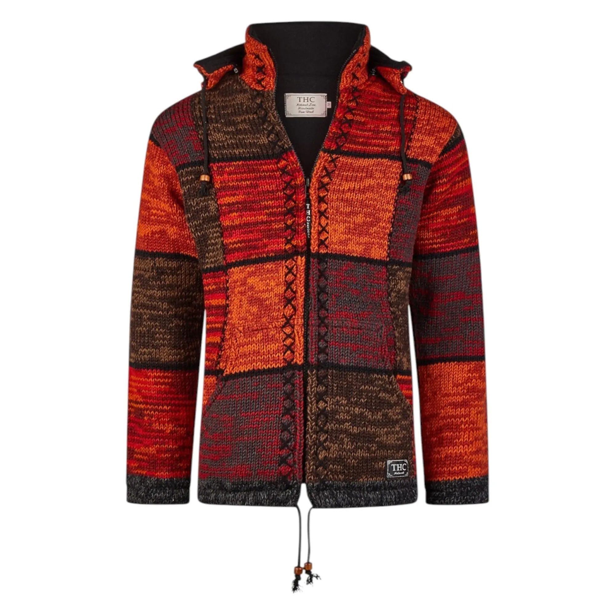 Handgefertigte Patchwork Schafwolljacke Damen & Herren – Strickjacke mit roten Quadraten & Fleece-Futter – Modell 815 – Warme Wolljacke mit Abnehmbarer Kapuze