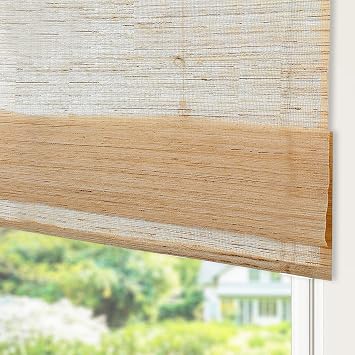 Sunbox Cordless Bamboo Roman Shades, Natural Wood Woven Window Blinds, Bamboo and Linen Fabric Blinds for Home, for Kitchen, Beige