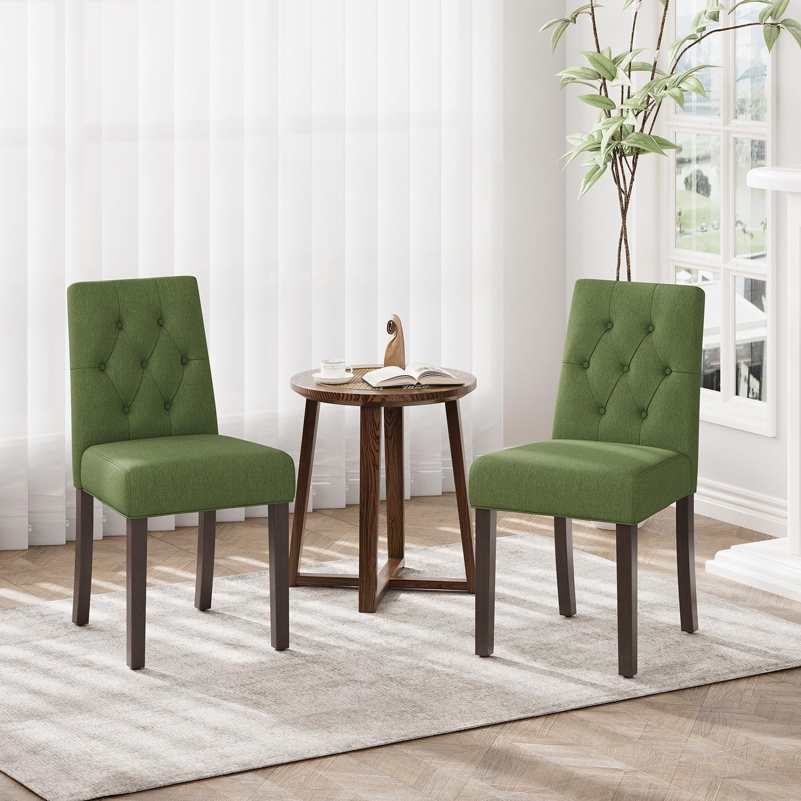 (only one)upholstered dining chairs set of 2, modern fabric dining chairs with tufted design, kitchen side chairs, farmhouse dinner chair with wood legs for kitchen restaurant living room, green