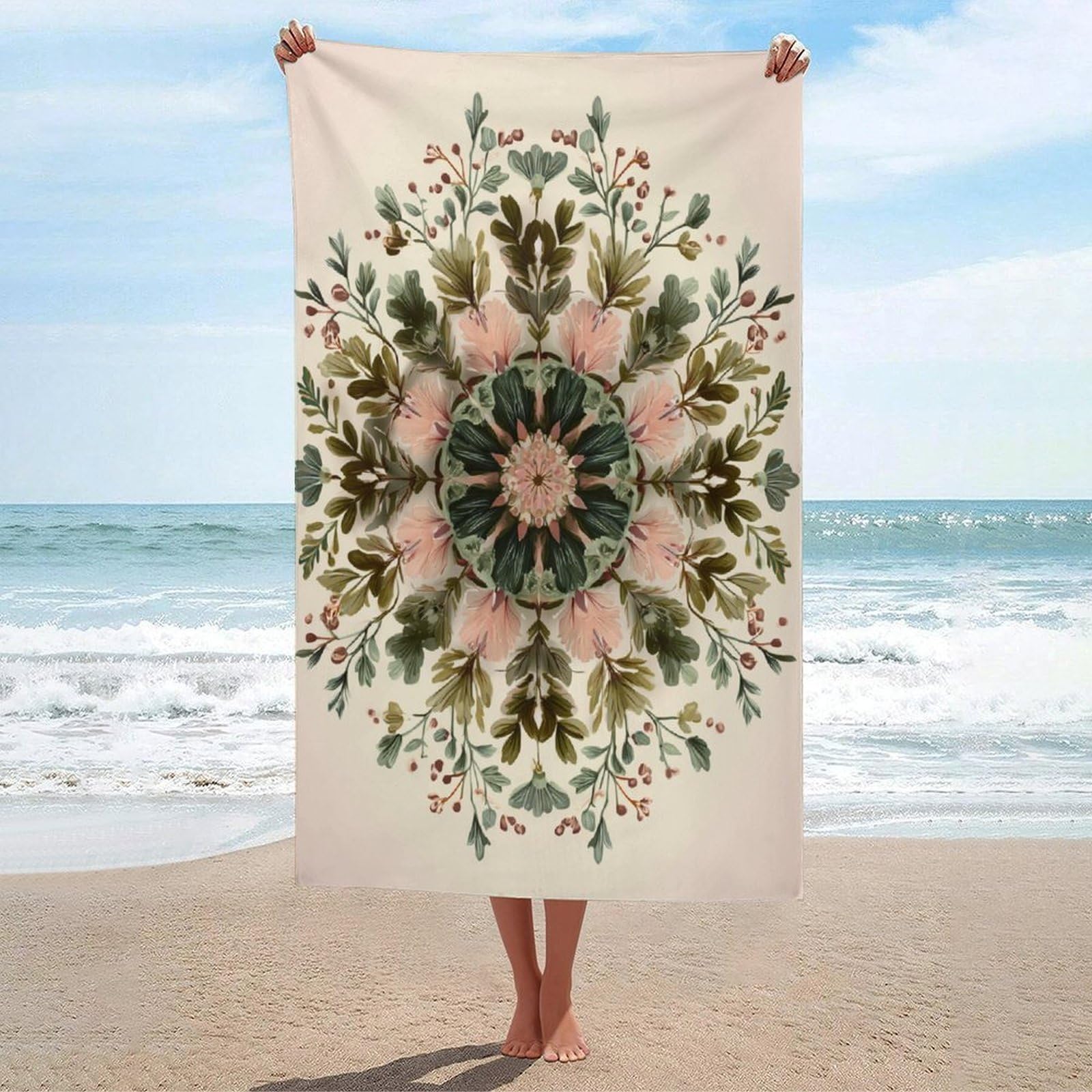 LSRCPD Botanical Leaves And Vines Mandala Beach Towel Sand Free Microfiber Large Shower Towels Multipurpose Absorbent for Bathroom Pool 130x80 CM