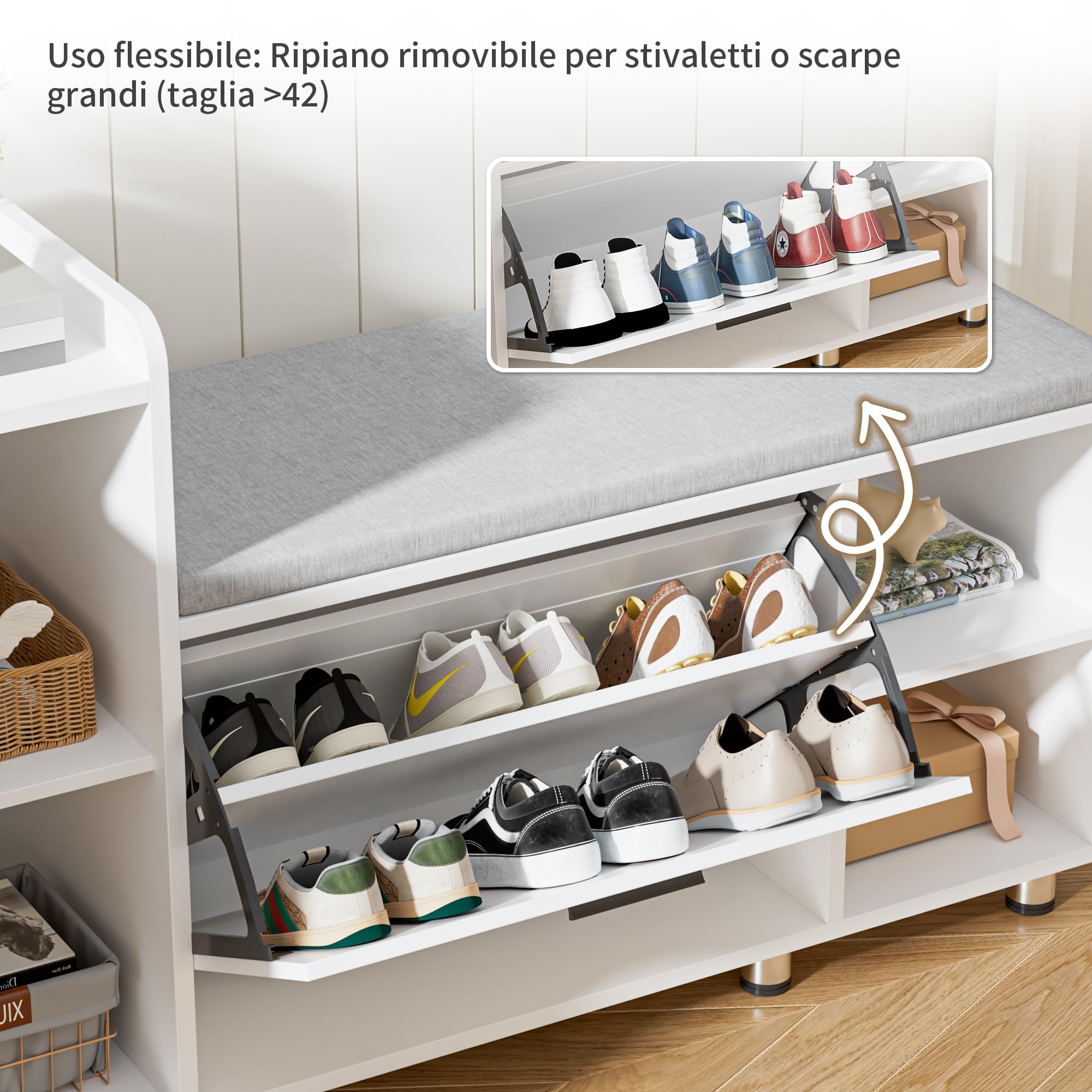 BonVache Panca Scarpiera da ingresso, altezza regolabile, organizzatore scarpe con armadio di archiviazione e 3 spazi aperti, per ingresso, corridoio, anticamera, 105 x 34 x 67 cm, Bianco