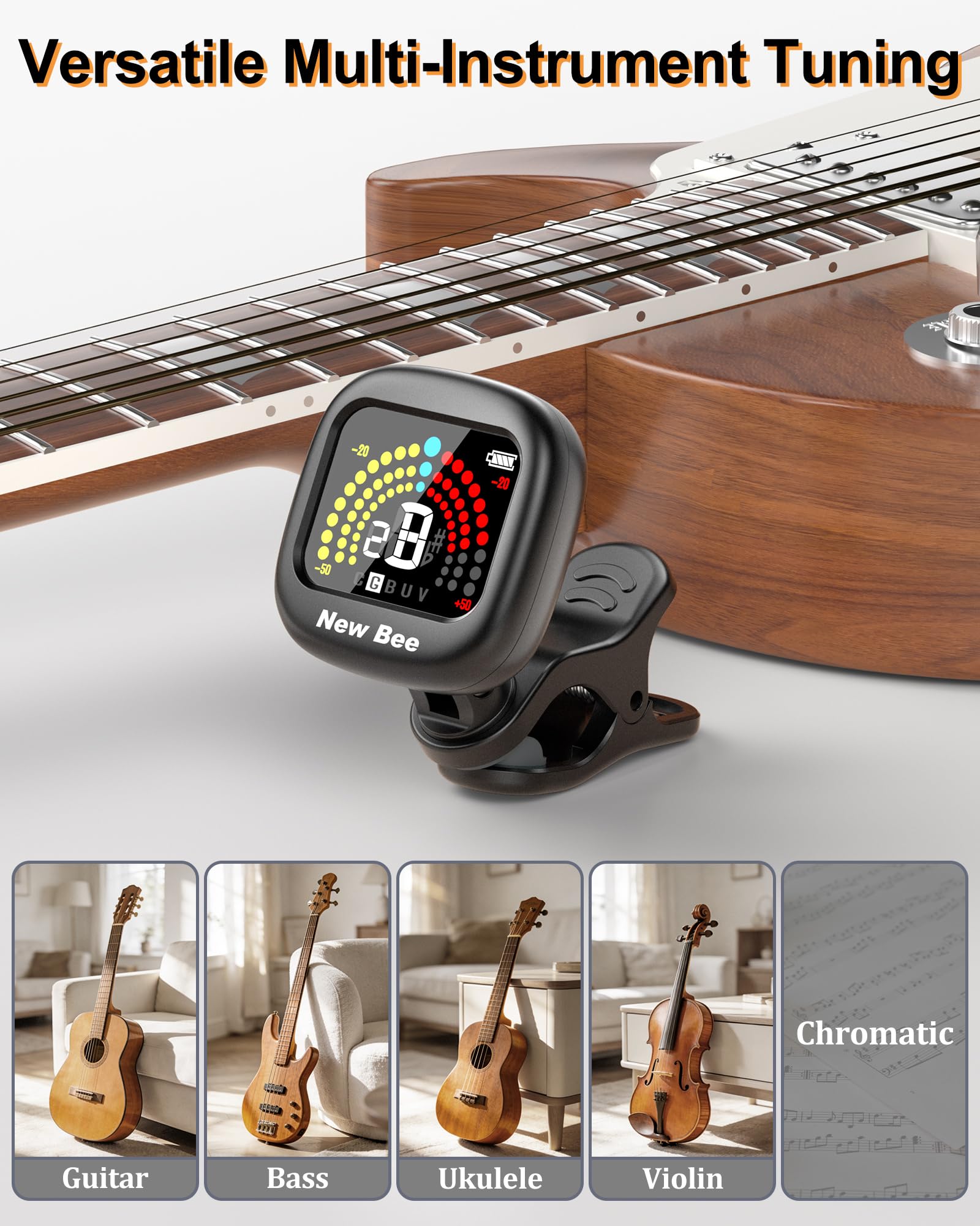 New bee Lot de 2 accordeurs de guitare rechargeables, rotatifs à 360° avec écran couleur, accordage chromatique rapide et précis pour guitare, basse, ukulélé, violon, violoncelle