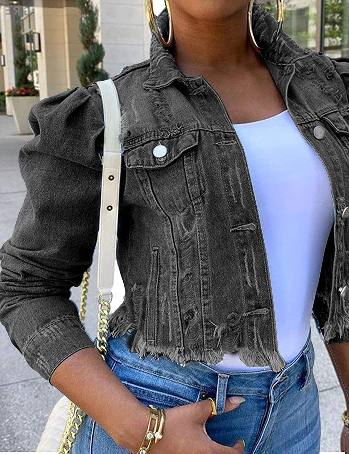 Omoone Women's Ripped Puff Sleeve Denim Crop Top Long-Sleeve Cropped Jean Jacket - Image 5
