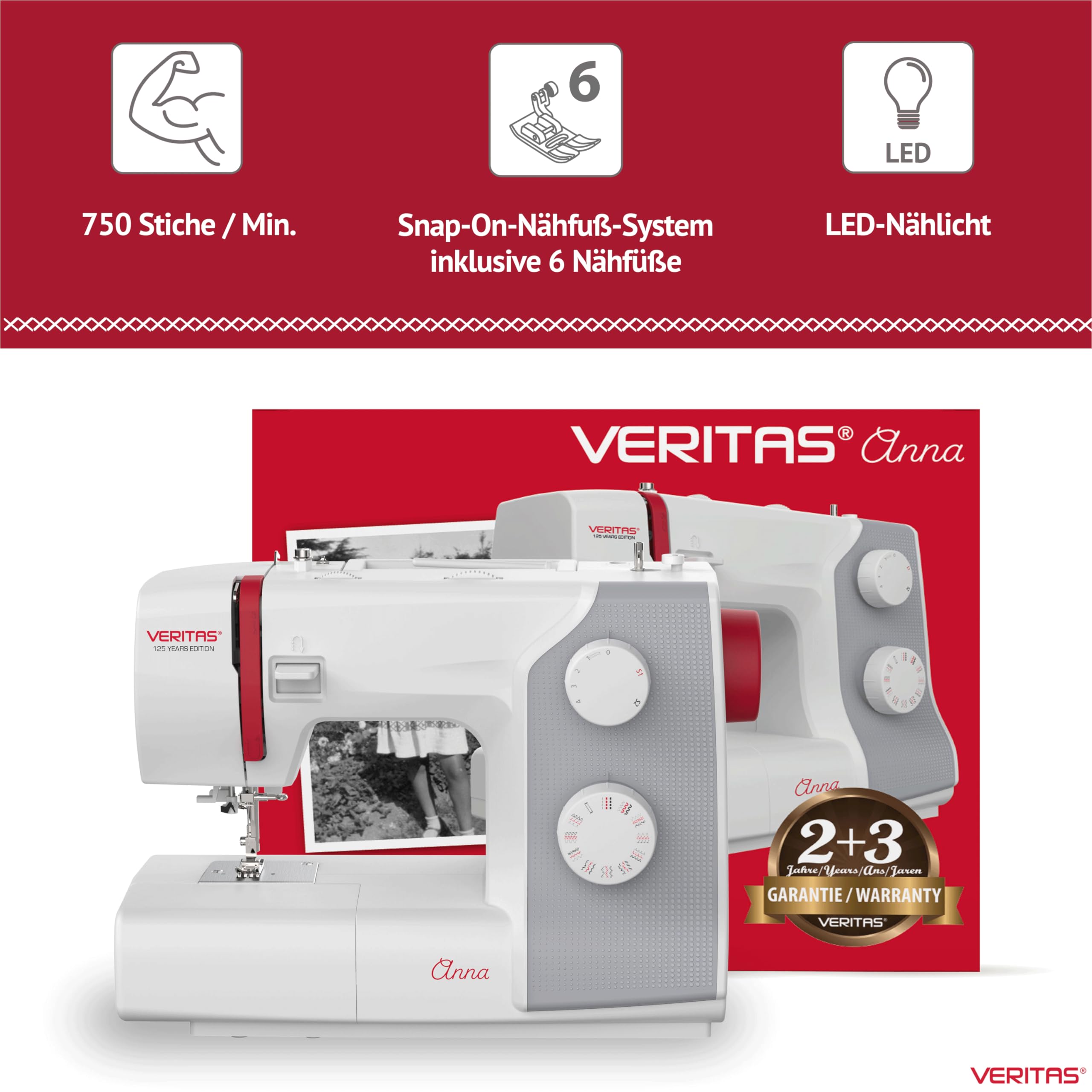 VERITAS Anna Freiarm-Nähmaschine mit Fußpedal – 32 Stiche, Einfädelhilfe, Auto-Fadenspannung, Fadenabschneider, LED-Nählicht, Stichlänge & Stichbreite einstellbar
