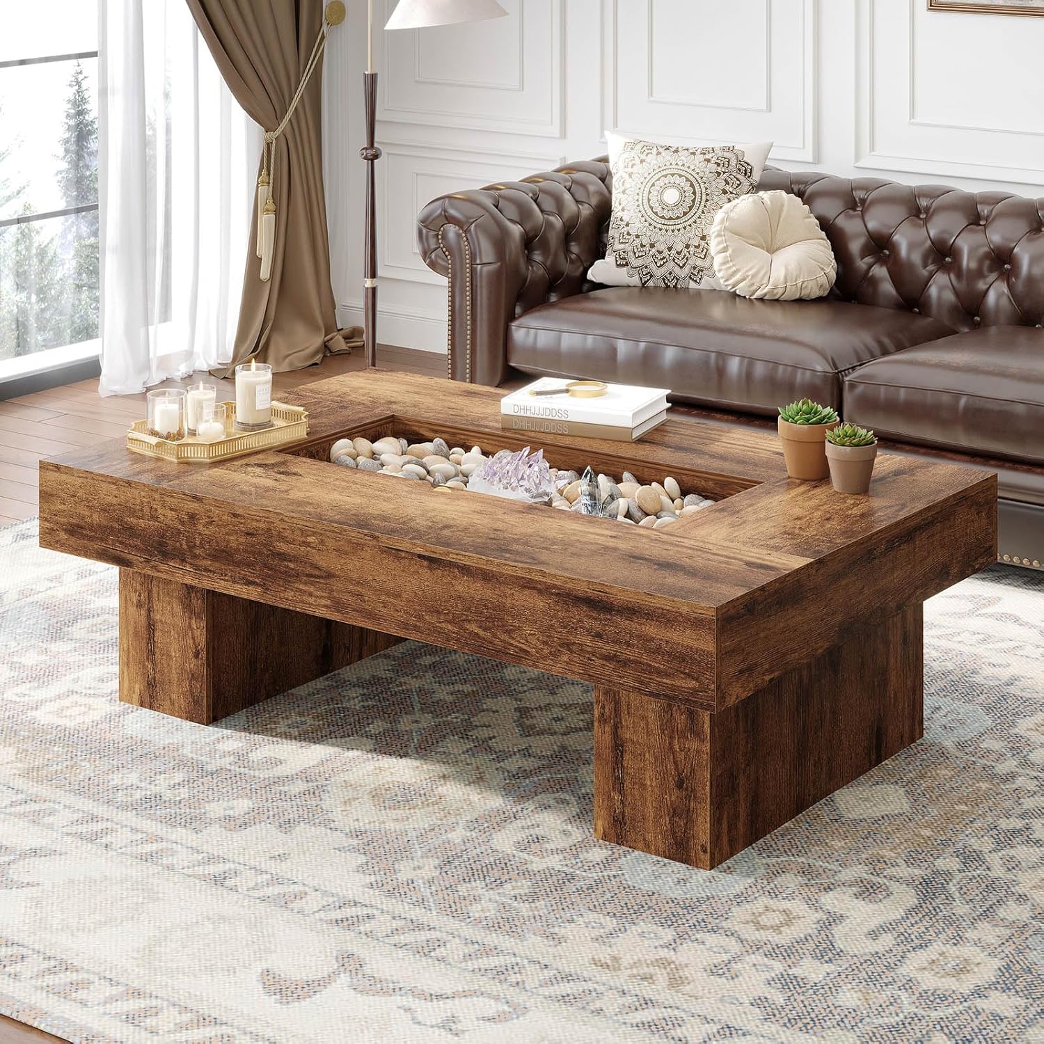 LVB Rustic Coffee Table, Large Wood Living Room Table with Storage, Modern Long Rectangle Led Center Table, Farmhouse Unique Low Wide Tea Table with LED Light for Home Office, 47.24 in, Rustic Brown