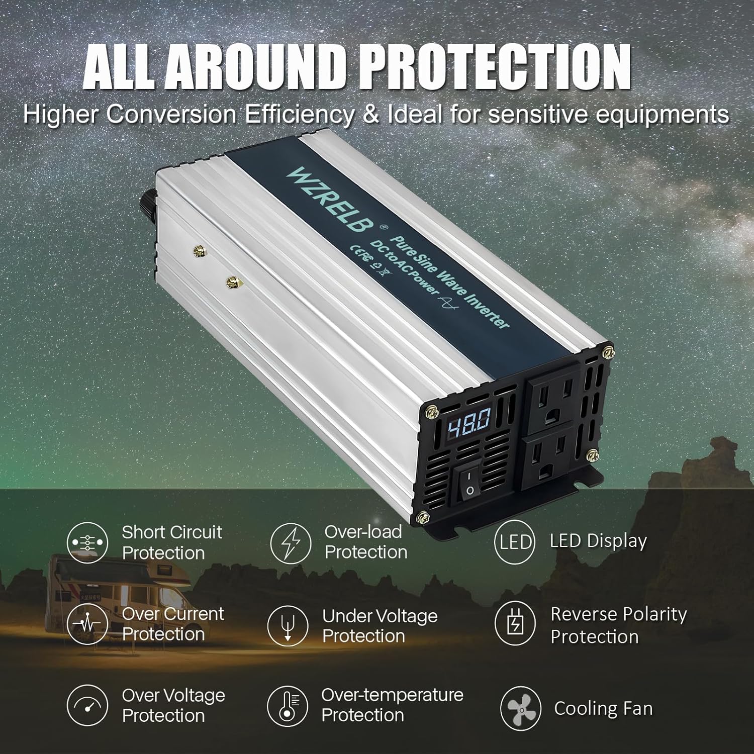 WZRELB 600W Pure Sine Wave Inverter 48V DC to 110V 120V AC Power Converter with LED Display, Off-Grid Portable Power Inverter with 2 AC Outlets for Home, RV, Truck, Camping