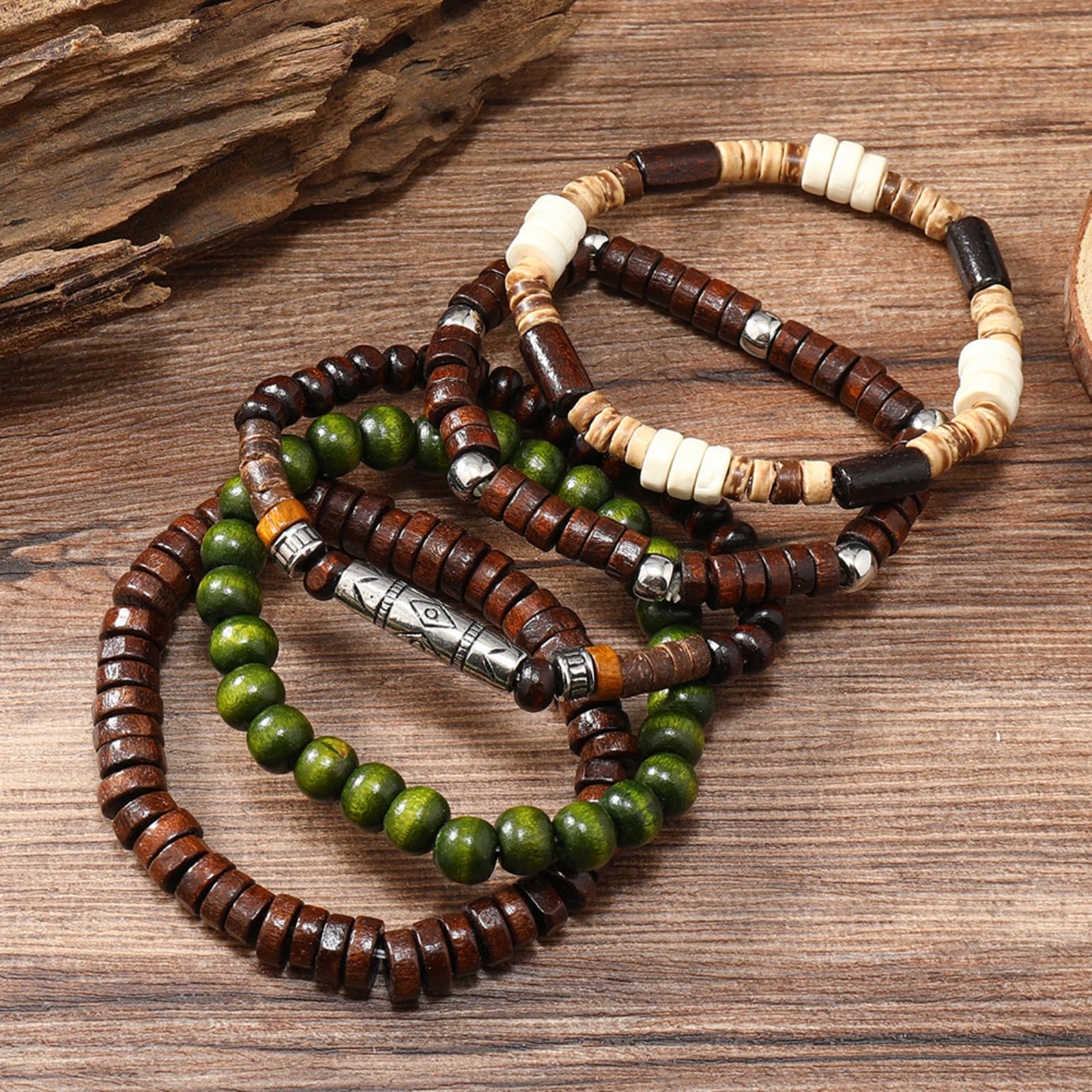 Set di 5 Braccialetti di Perline di Legno da Uomo e Donna - Stile Funky, Braccialetti di Perline per la Festa del papà, la Festa della Mamma, Natale, Compleanni, Giorno del Ringraziamento