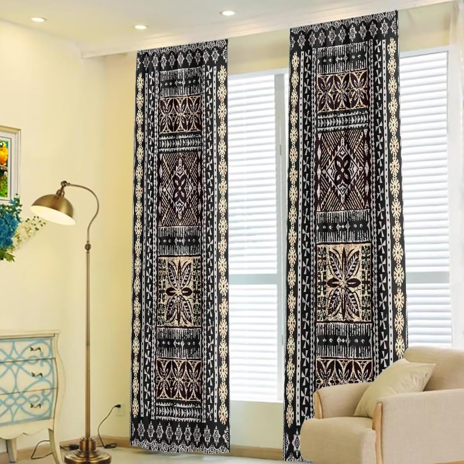 Samoan Tongan Style Tapa Print Curtains Tribal Tattoo Polynesian Ethnic Geometric Stripes Privacy Light Filtering Rod Pocket Curtains for Bedroom Living Room