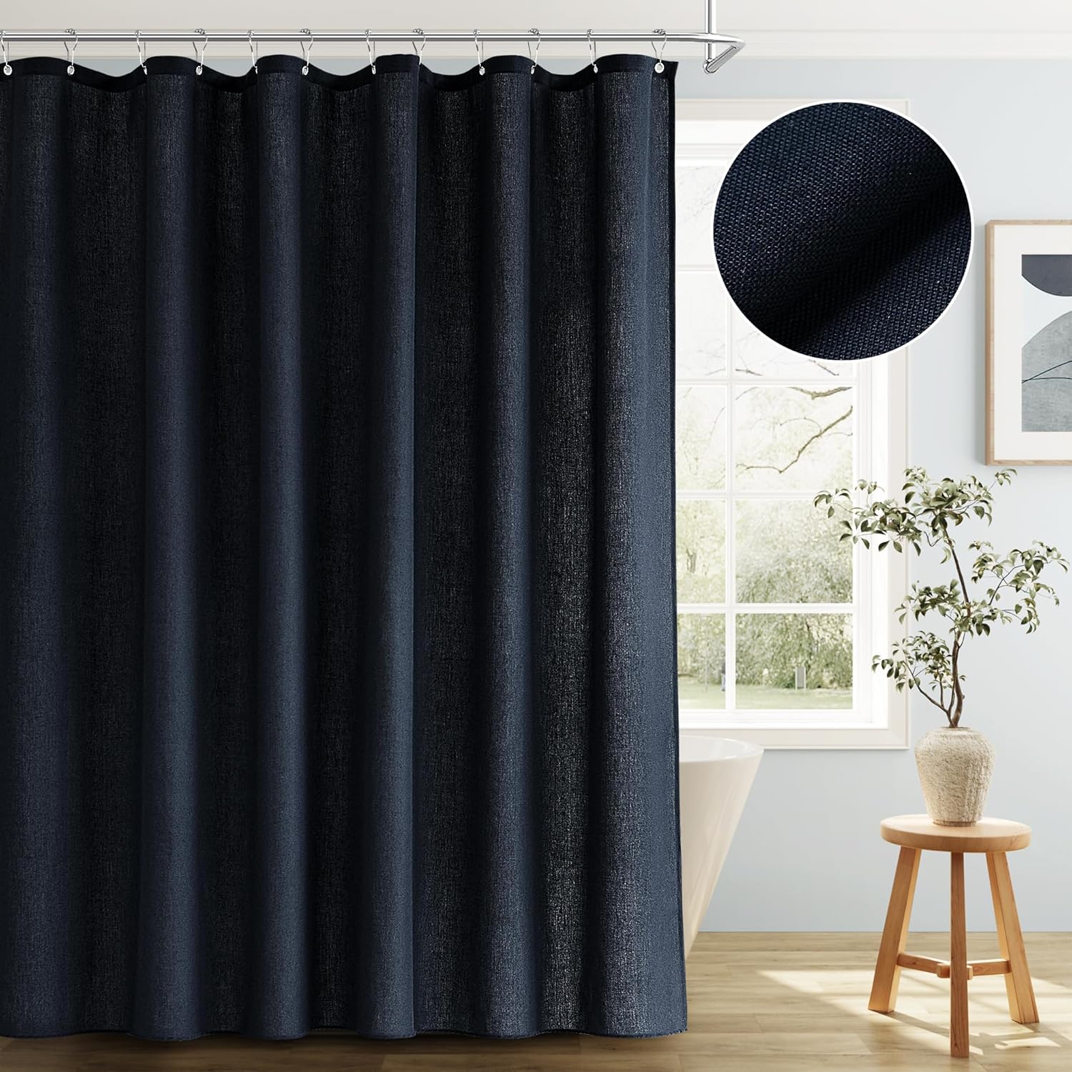 BOODII Linen Shower Curtain Neutral Linen Boho Farmhouse Shower Curtain with Hooks Morden Country Bathroom Decor Navy Blue Weighted Burlap Cloth Shower Curtain Heavy Duty Fabric 200GSM 72x72