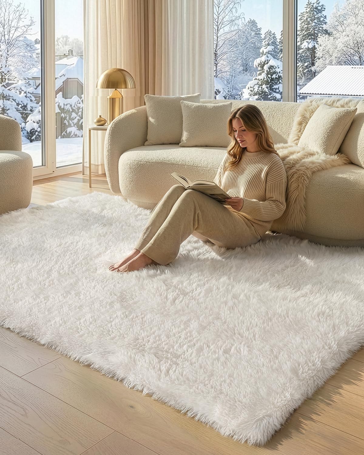 Color&Geometry 5x8 Fluffy Area Rug for Living Room, Upgraded High-Density, Full-Cover Non-Slip Backing, Lightweight Shaggy Machine Washable Non Shedding Home Decor for Bedroom, White